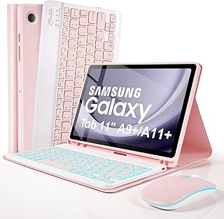 LAMA for Samsung Galaxy 11 Inch Tab A9 Plus 2023/ Tab A11 Plus 2025 Keyboard Case with Mouse, 7 Colors Backlit, Thin Case, Detachable Keyboard, Wireless Mouse, S Pen Holder, Lightweight, Pink