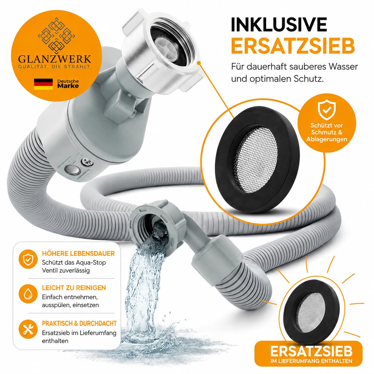 Zulaufschlauch mit Aquastop 1,5 m – Waschmaschinenschlauch & Spülmaschinenschlauch – 3/4 Zoll Metallgewinde – inkl. gratis Ersatzsieb- robuster Schlauch - einfache Montage