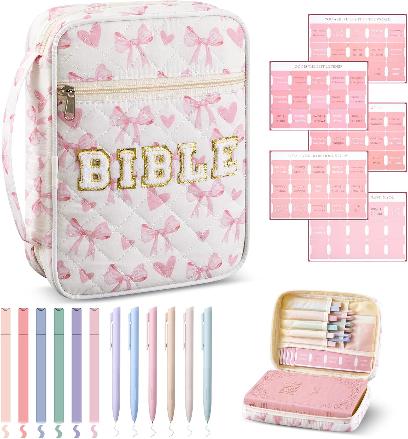 Sinload Quilted Bible Cover Case for Women Large Carrying Bag with Organizer Tabs 6 Colored Pens 6 Highlighters Book Tote Bags with Handle Bible Carry Supplies Christian Gifts(Pink Bow Heart)