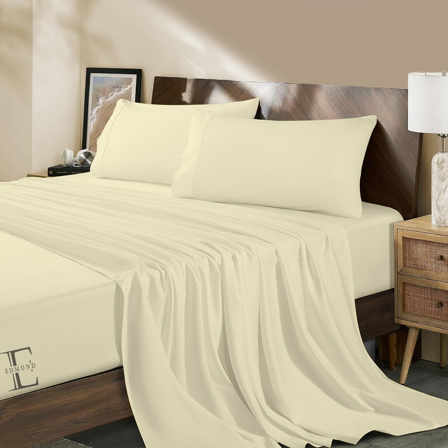 Edmund Super King Bed Cotton Bedsheet (108x110 Inch) | Soft & Smooth 400 TC Egyptian Cotton Bedsheet Super King Bed with Pillow Cover | Machine Washable Breathable & Hypoallergenic | Ivory 1