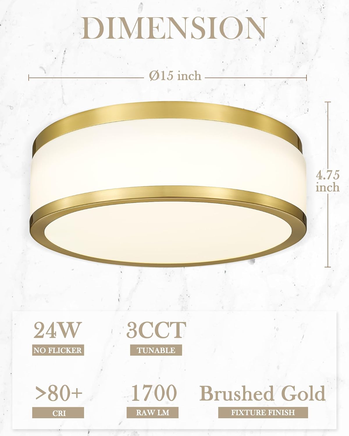 LMS 24W LED Flush Mount Ceiling Light, 15 inch 3CCT 3000K/4000K/5000K, Brushed Gold Close to Ceiling Light for Bathroom, Kitchen, Living Room, LMS-190