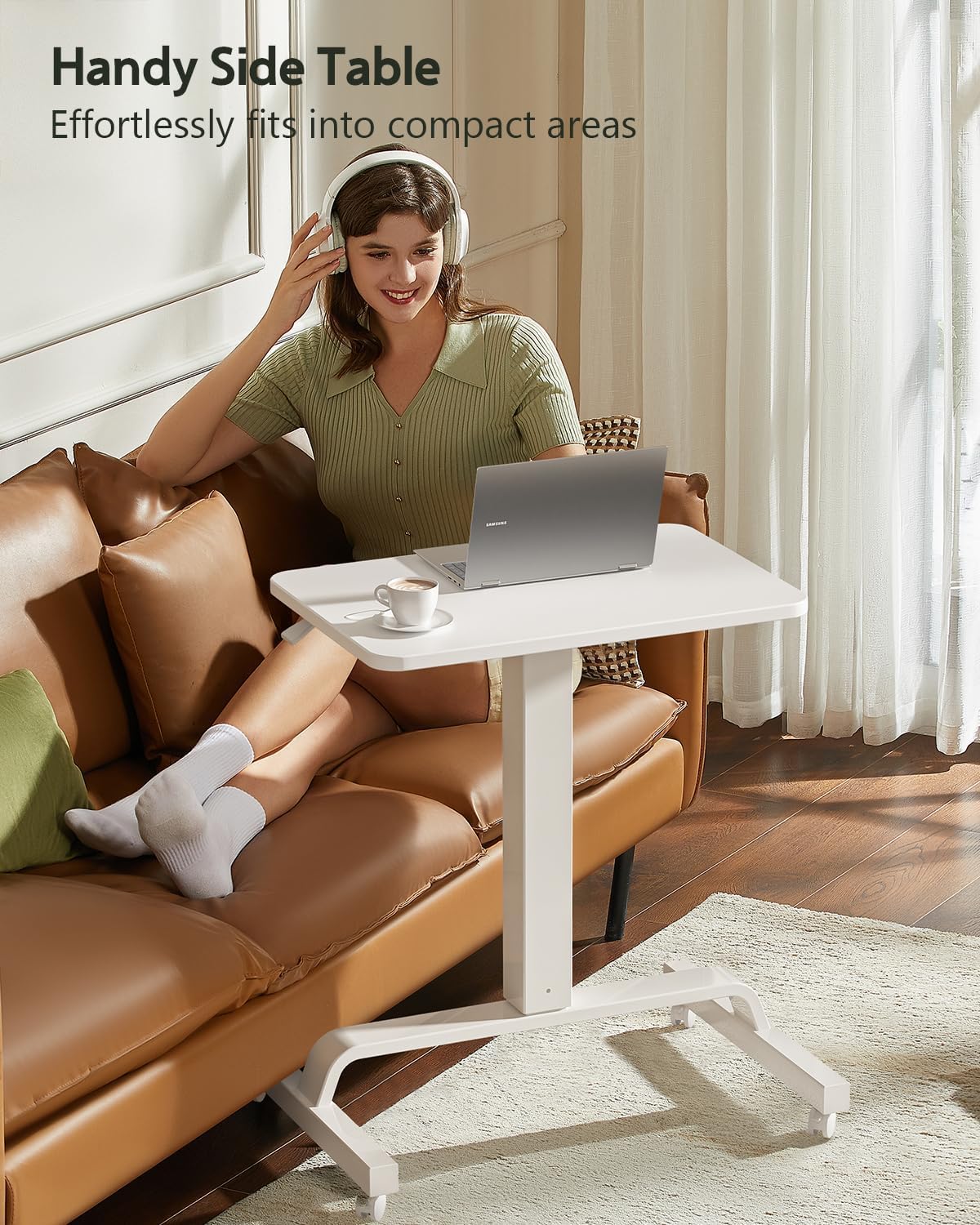 WALKINGDESK Tavolino regolabile in altezza con 4 ruote, Scrivania mobile 60 x 40 cm, Pneumatica tavolo da Letto per computer, divano, letto, Bianco