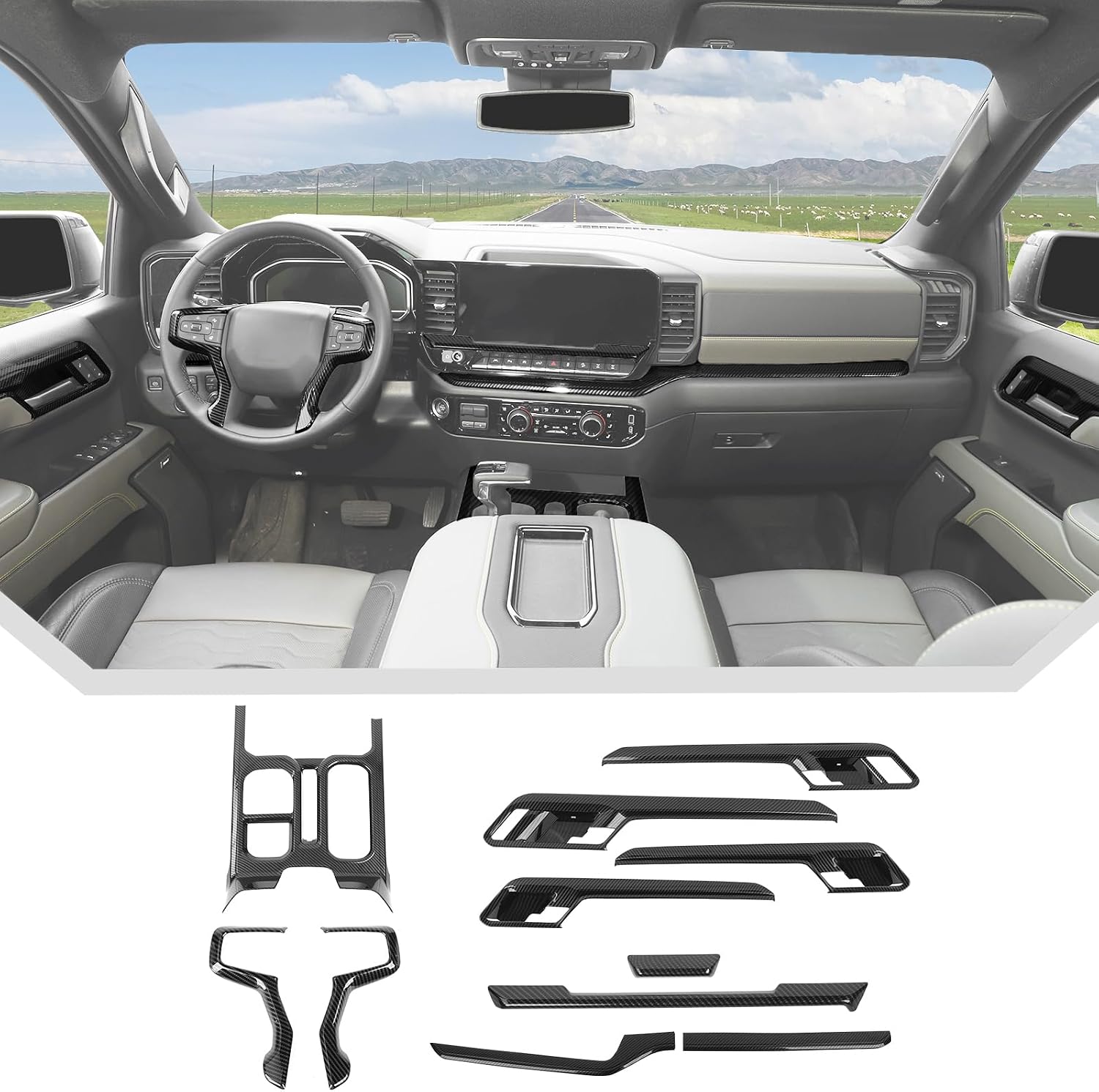 JeCar Carbon Fiber Interior Accessories Trim Kit for 2022-2026 Chevy Silverado 1500 RST, High Country, LT Trail Boss, LTZ, ZR2 - Center Console Gear Shift Panel, Dash, Door Handle Decoration Upgrade