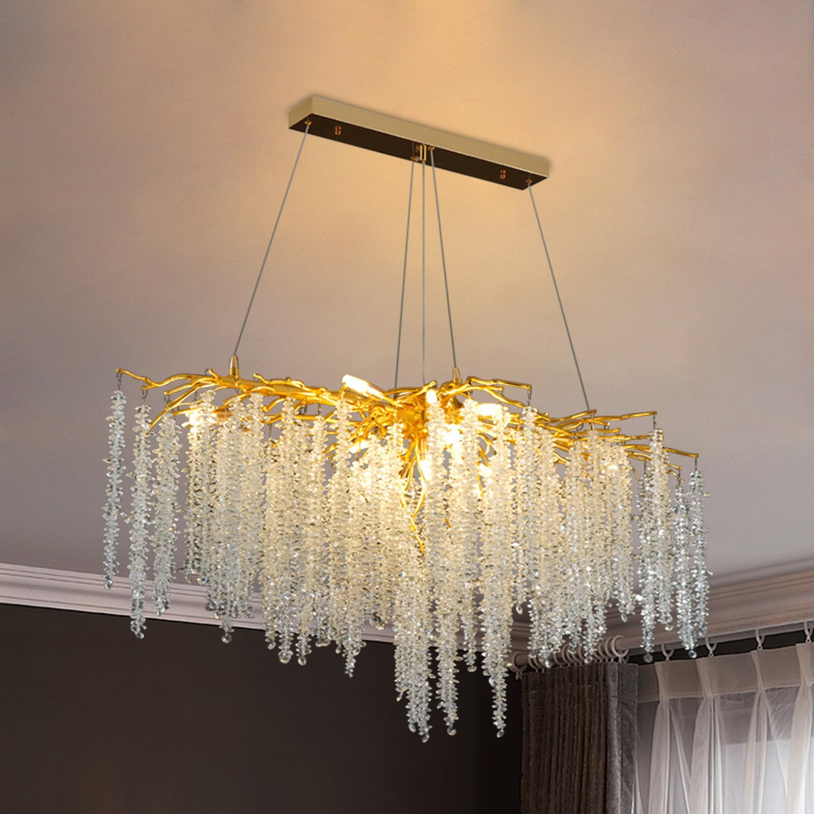 MESOVFCA Modern Crystal Tree Branch Chandelier, Gold Aluminum Crystal Raindrop Chandeliers Indoor Hanging Pendant Light Fixture for Dining Room Kitchen Island Living Room Bedroom,Rectangular L100CM