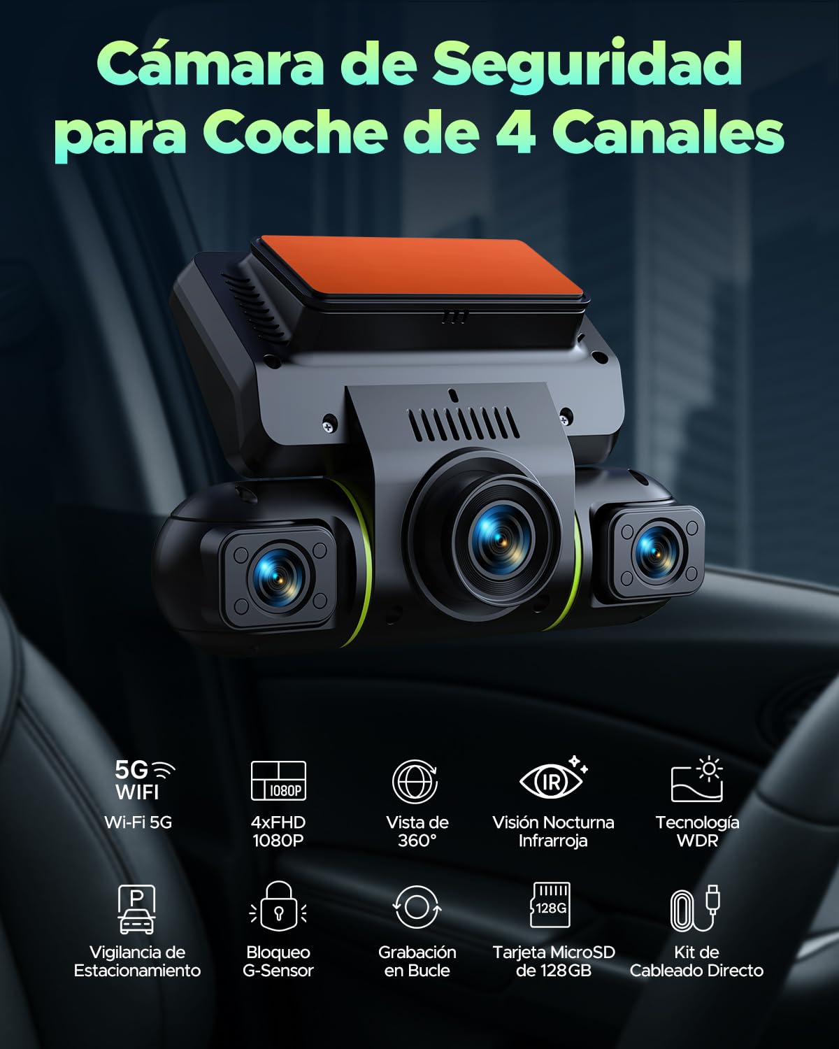LAMTTO Dashcam 4 Canales 360° Cámara de Cochec Delantera y Trasera con Kit de Cableado Hardwire, Dash CAM con WiFi & App, G-Sensores, Monitor de Aparcamiento y IR Visión Nocturna, Tarjeta SD 128 GB