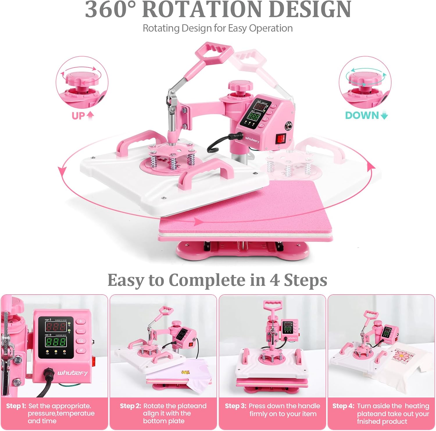 Whubefy Heat Press 12x15, 8 in 1 Heat Press Machine Swing Away Pink Press Machine with Attachments 9.9-17oz Tumbler Heat Press, Hat Press Machine, Fast and Even Heating Sublimation Shirt Press Machine
