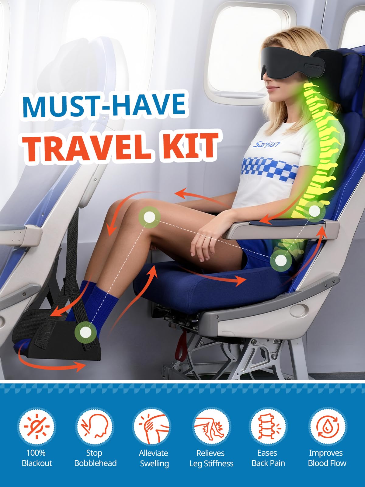 SARISUN Kit Viaggio Aereo 3 in 1 – Cuscino da Viaggio con Supporto per la Testa, Maschera per Dormire 3D, Amaca Poggiapiedi Anti-Cedimento, Essenziali Portatili per Voli Lunghi e Auto