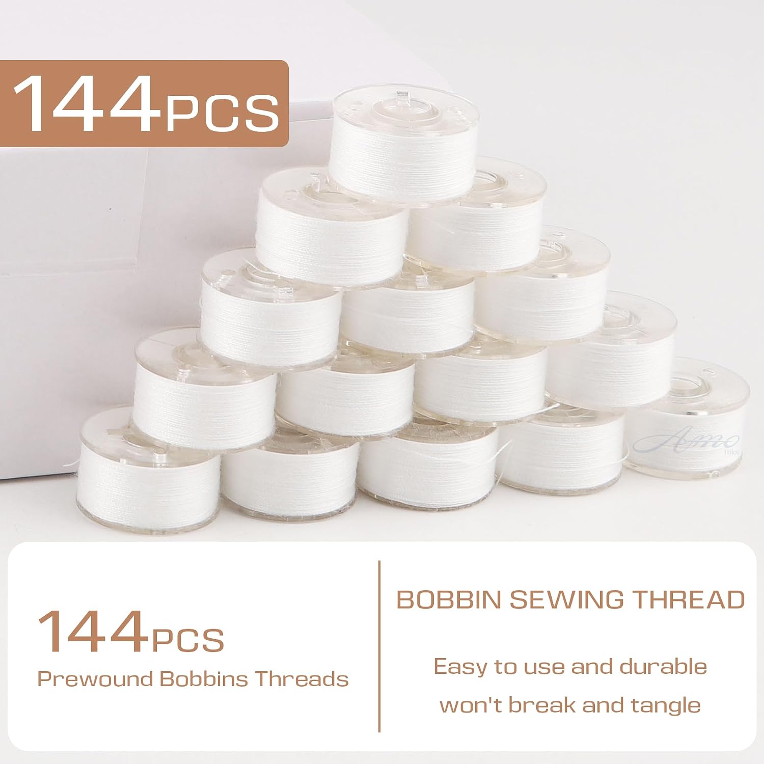 Prewound Bobbins Size A Polyester Embroidery Thread Plastic Sided Industrial Bobbin Thread for Embroidery and Sewing Machine, 144-Pack (60S/2(90WT), White)