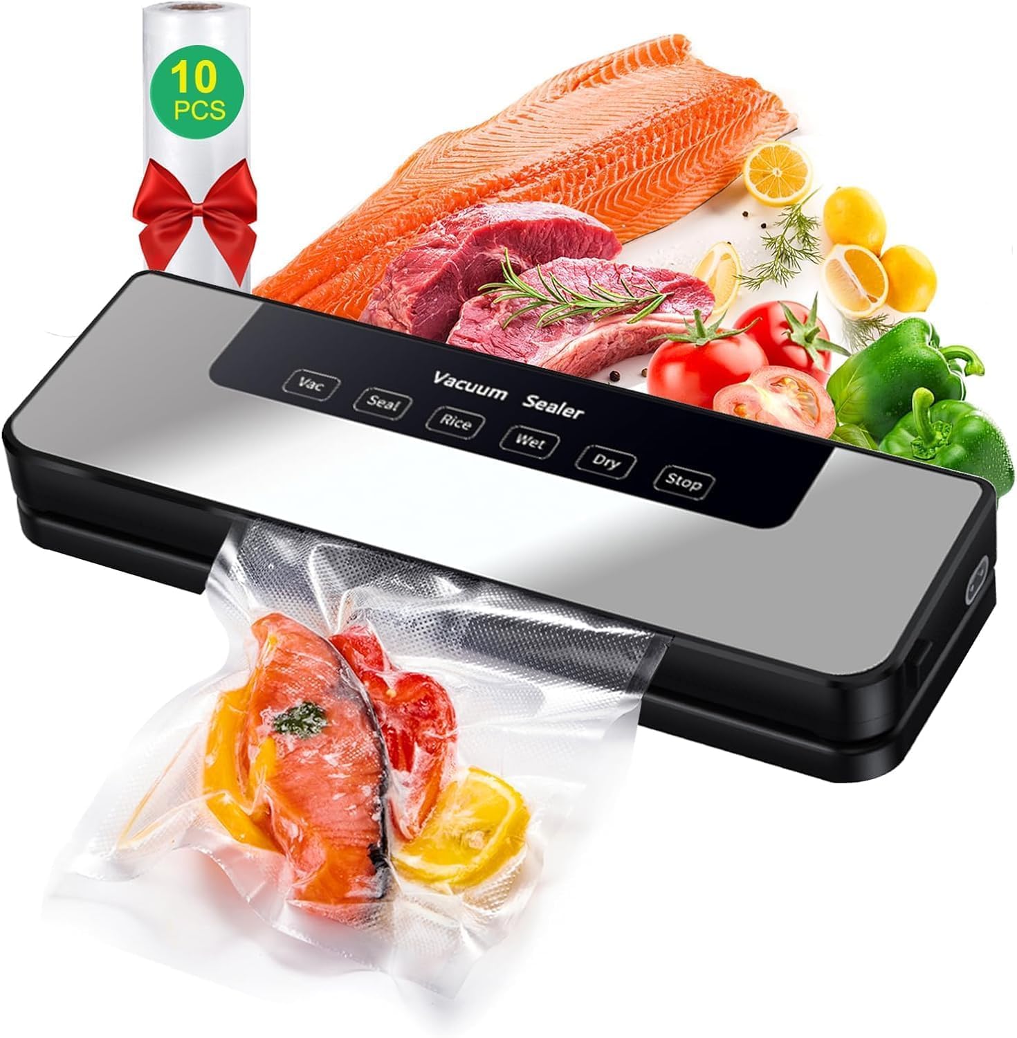 Vacuum Sealer Machine with 65kPa Suction | 5 Modes – Vac, Seal, Rice, Wet, Dry | Includes 10 Bags | Food Saver for Meat, Veg, Grains (Machine + 10pcs Sealing bag)-image-8