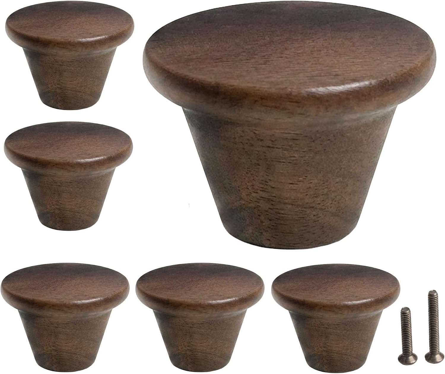 Mid Century Modern Walnut Mushroom Knobs for Cabinet,Drawer,Dresser and Closet Doors.Round Vintage Brown Wooden Crafts Furniture Knobs,Pulls and Handles (1.57'' Round Table Knobs, 6)