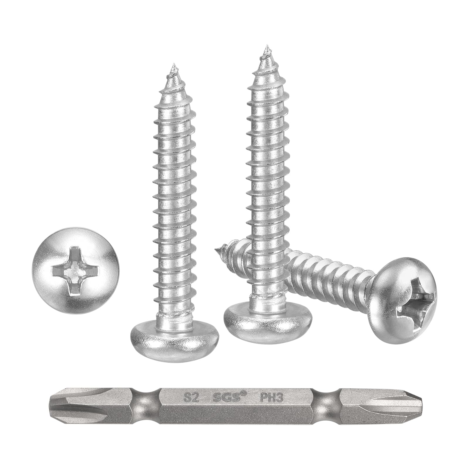 METALLIXITY Phillips Pan Head Self Tapping Screws(#12x1-1/4") 100Pcs, 304 Stainless Steel Self Drilling Screw for Metal Wood Plastic with Bit, for Cabinet Wall Shutter Plate Furniture, Silver