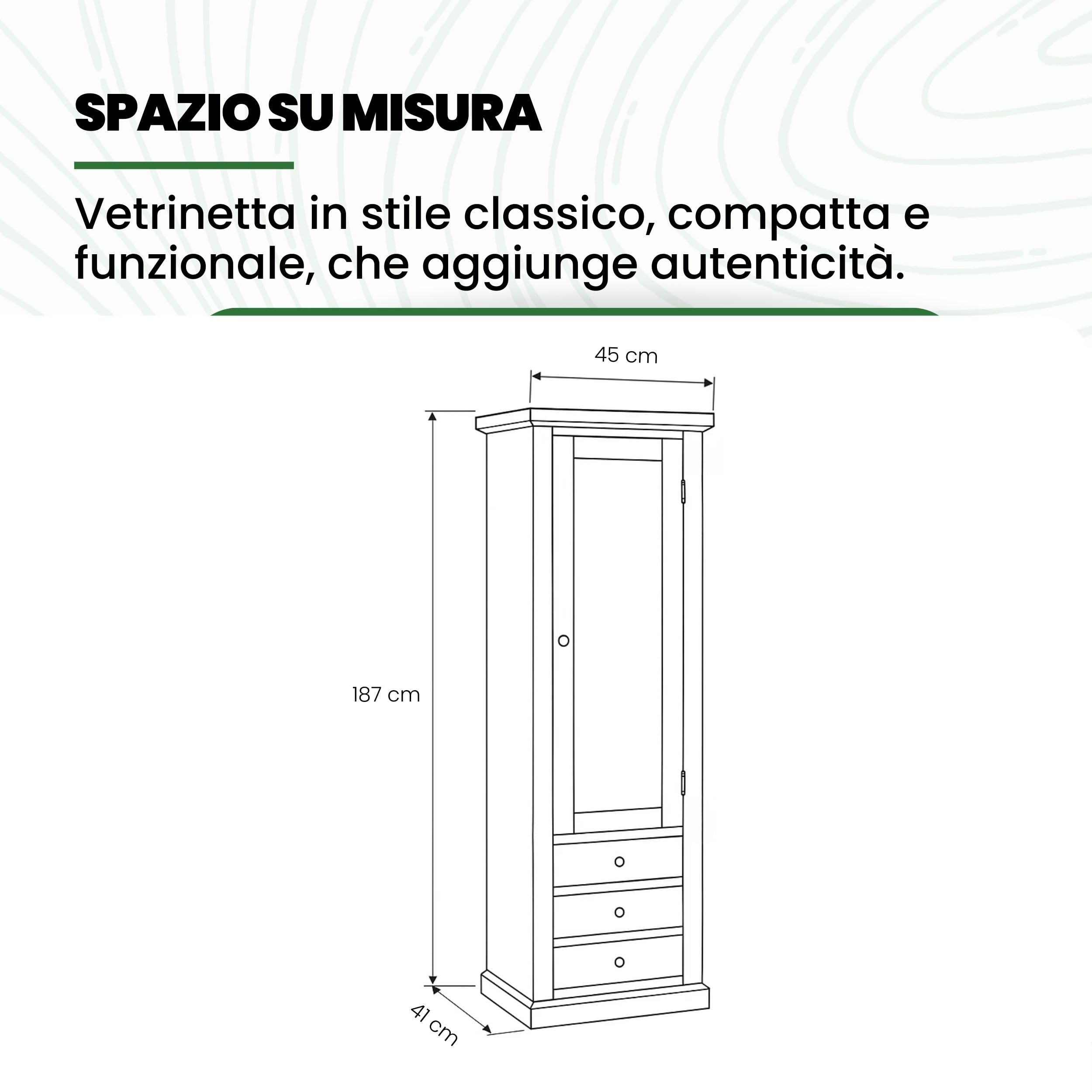 Mar.c.a. Design - Vetrinetta Arte Povera in Legno 45x41x187 cm - 1 Anta 3 Cassetti con Base Piatta - Made in Italy
