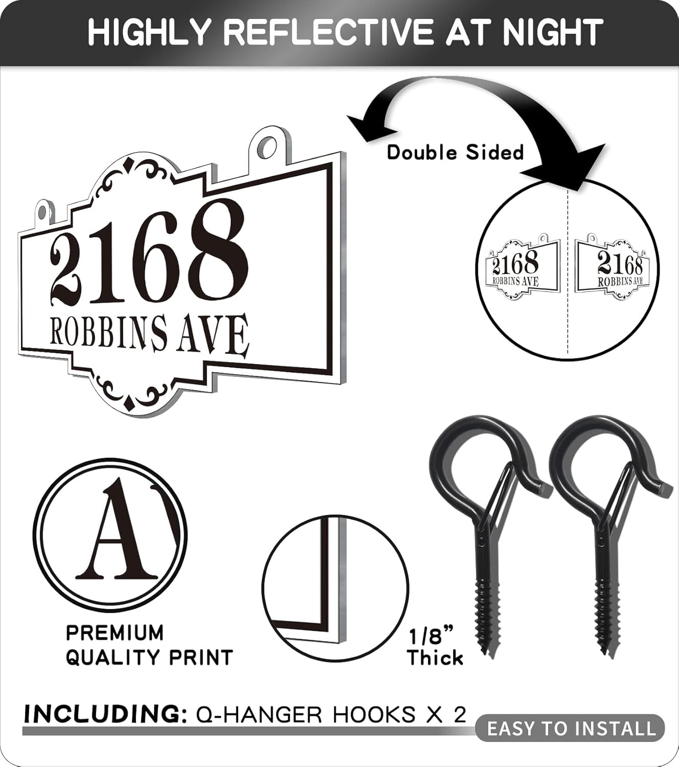 Hanging Mailbox Number Sign Plaque - 10.2" x 6.2" Custom Mailbox Number for Outside,Address Sign Plaque for House,Mailbox Post,Lamp Post,Light Post,Metal Reflective Double Sided with 2 Hooks