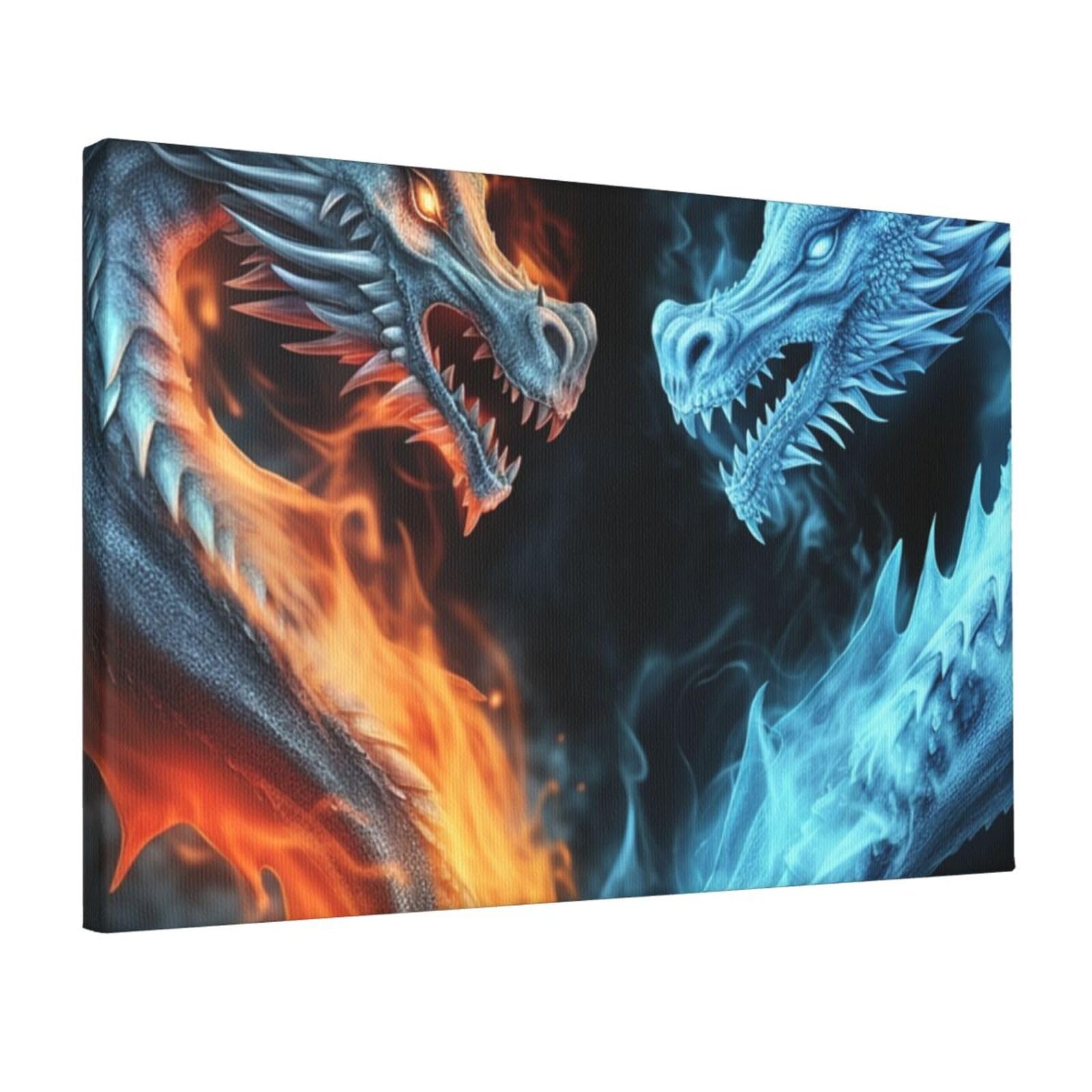KLOPH Ice and Fire Dragons Canvas Wall Art for Living Room 12"x18" Modern Artwork Painting for Bathroom Hanging Canvas Prints Aesthetic Wallart for Bedroom Kitchen Office Wall Decor