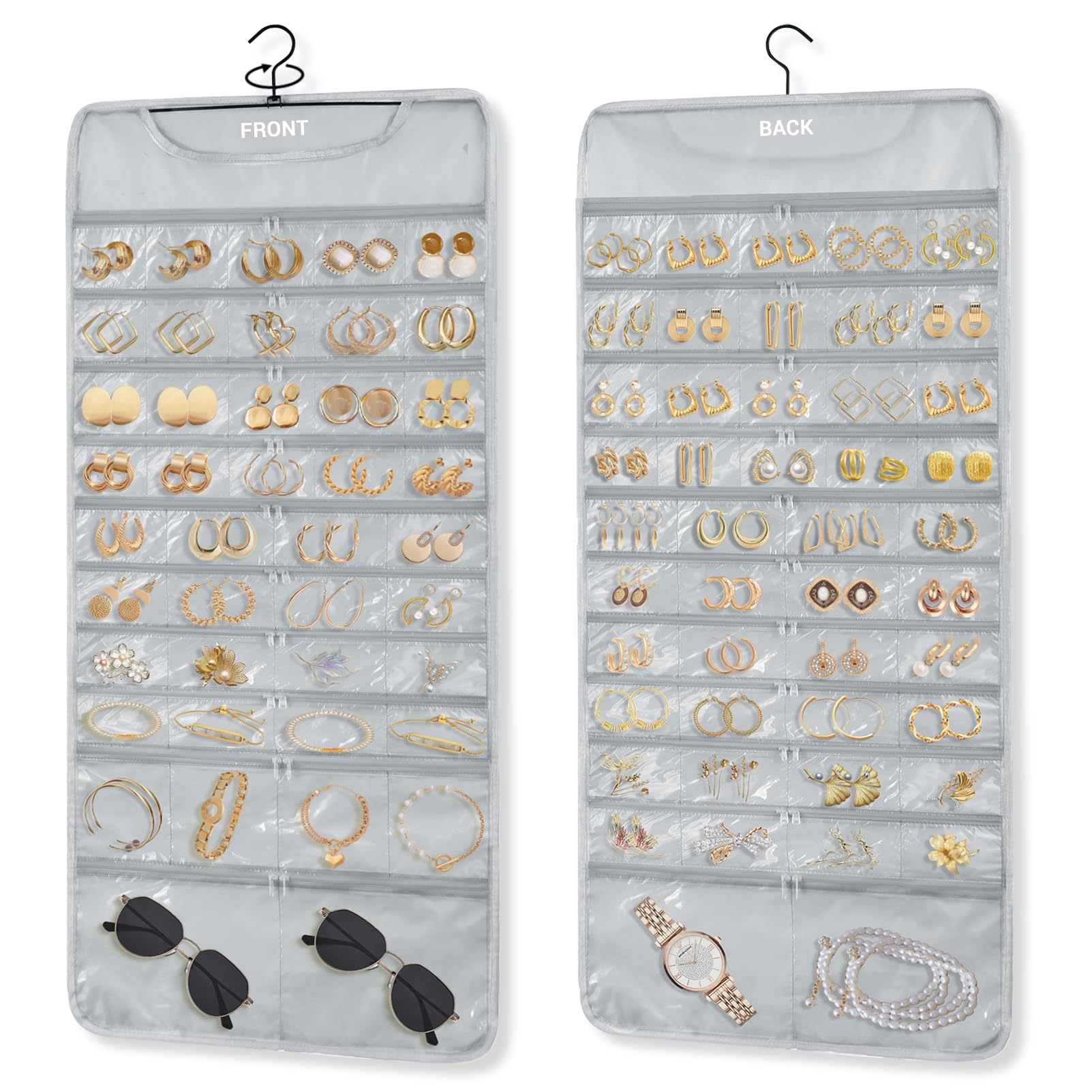 FOREGOER Hanging Jewelry Organizer 88 Zippered Pocket, 2-Sided,1 Pack Gray