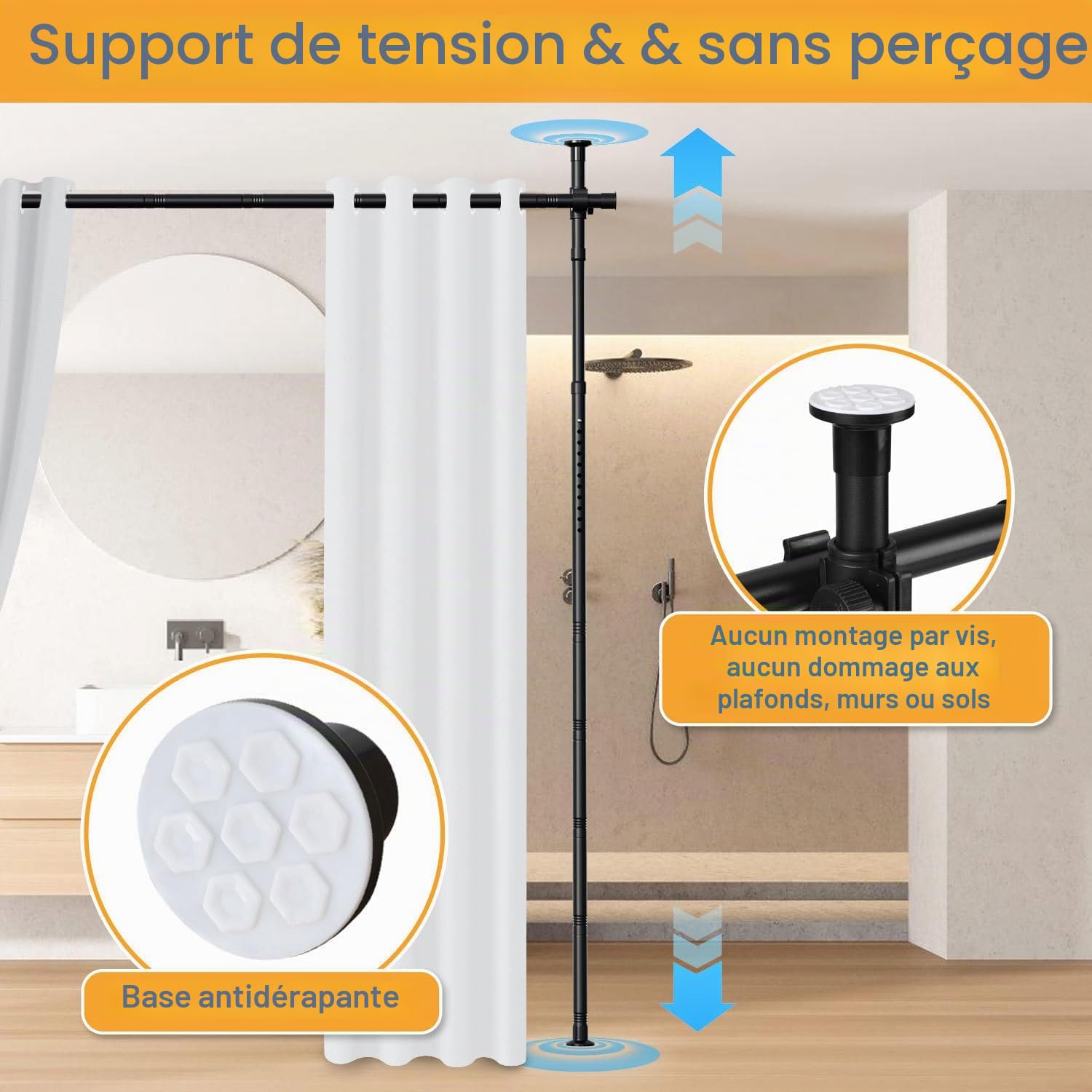 Paravent de séparation de pièce Jaxguom, tringle à rideaux, réglable de manière flexible sans perçage, L 70-177cm x H 122-305cm, paravent autoportant sans rideau, protection des regards pour salon