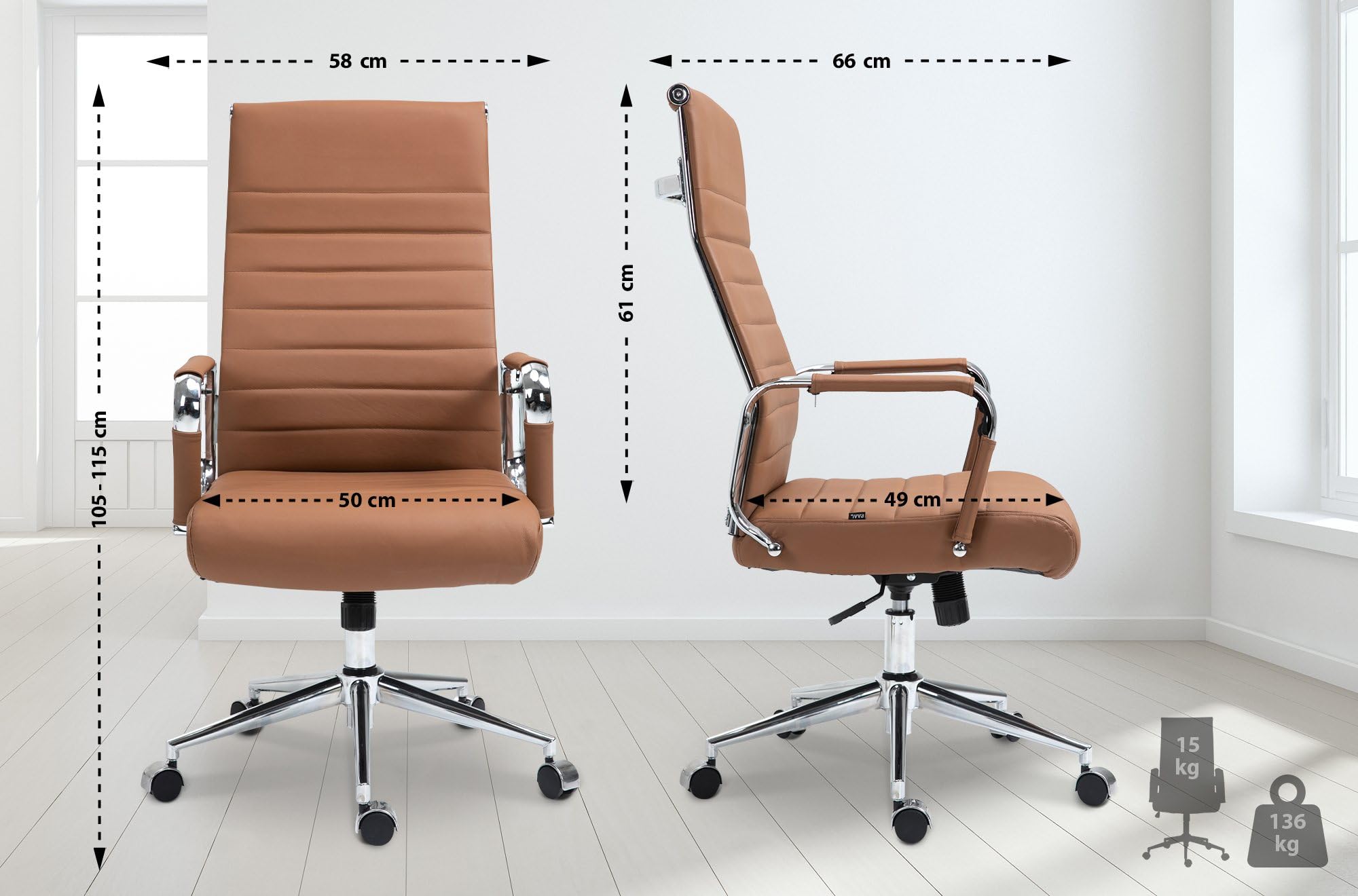 CLP Chefsessel Echtleder bis 150 kg Farbe:Hellbraun | Kolumbus - Drehstuhl mit Wippmechanismus und Armlehnen, stufenlos höhenverstellbar, robust