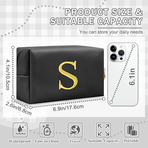 Miniatura 2 de Bolsa de maquillaje con inicial de regalo personalizado, con letras bordadas doradas, bolsa de cosméticos para niñas adolescentes, pequeña bolsa de