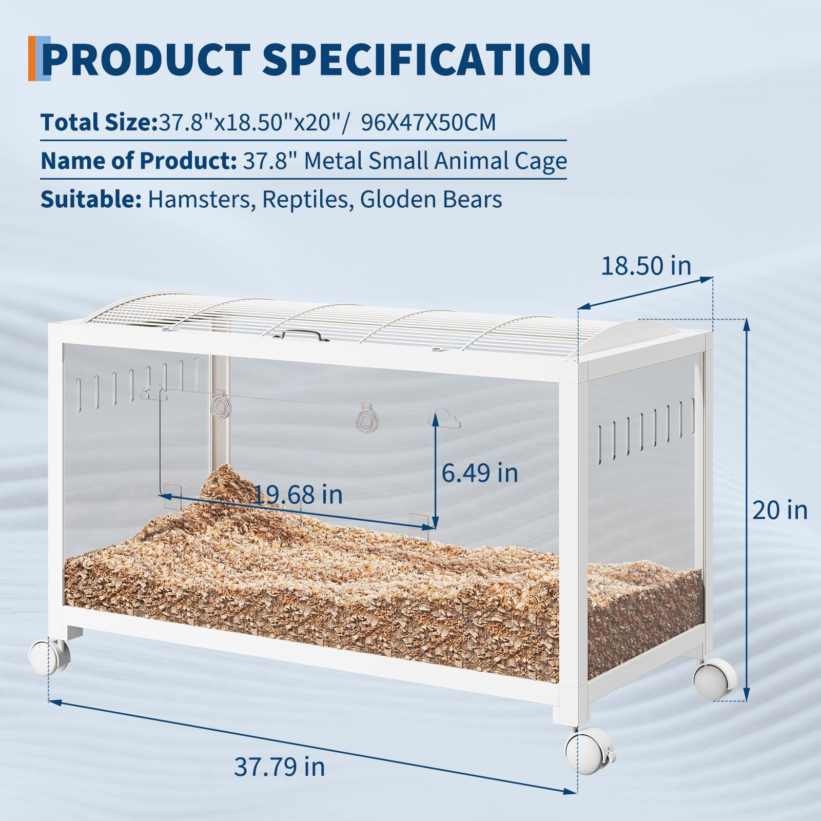 Gabbia per criceti, 96 x 47 x 50 cm, gabbia in metallo con porta d'ingresso, 96 x 47 x 50 cm, habitat roditori trasparente di vista panoramica a 360°, per criceto siriano nano