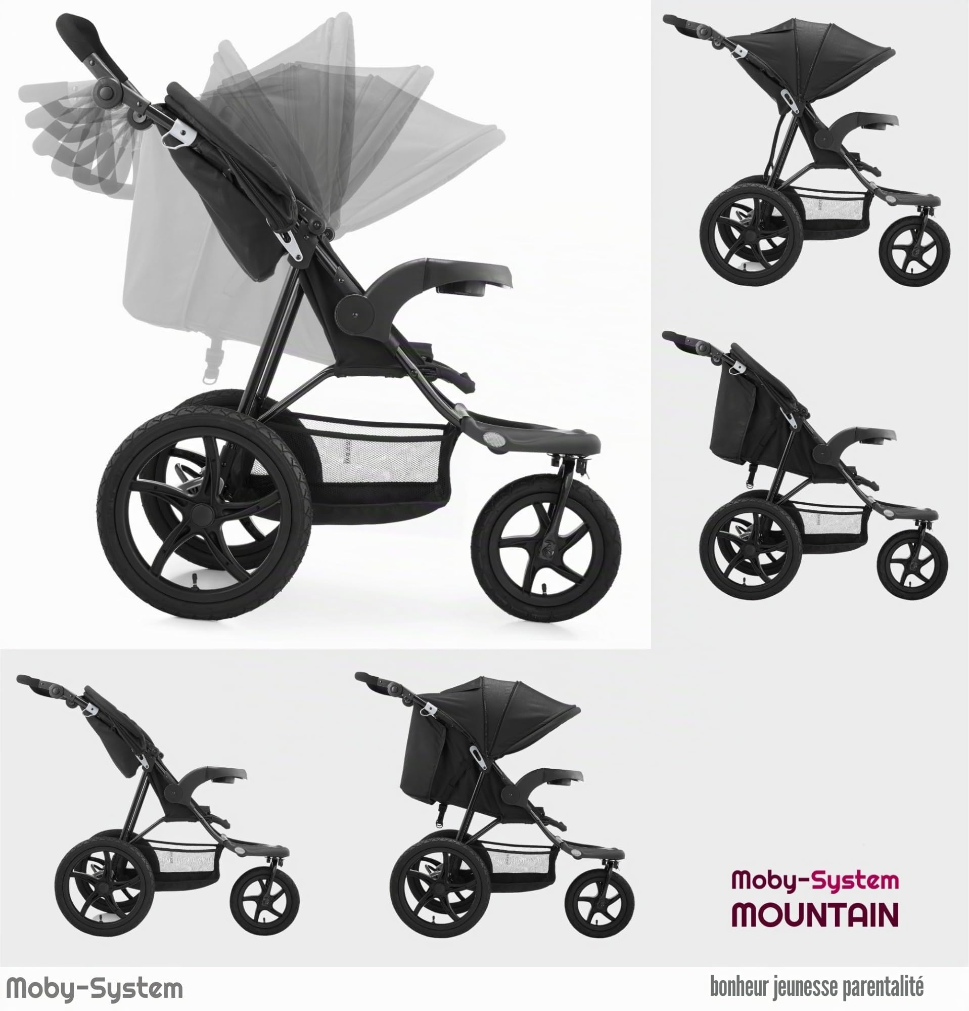 Moby-System Runner Mountain Poussette 3 Roues Pliable Compacte - Ceinture 5 Points, Panier de Rangement, Toit Réglable avec Fenêtre - Pour Enfants jusqu'à 15 kg - Noir