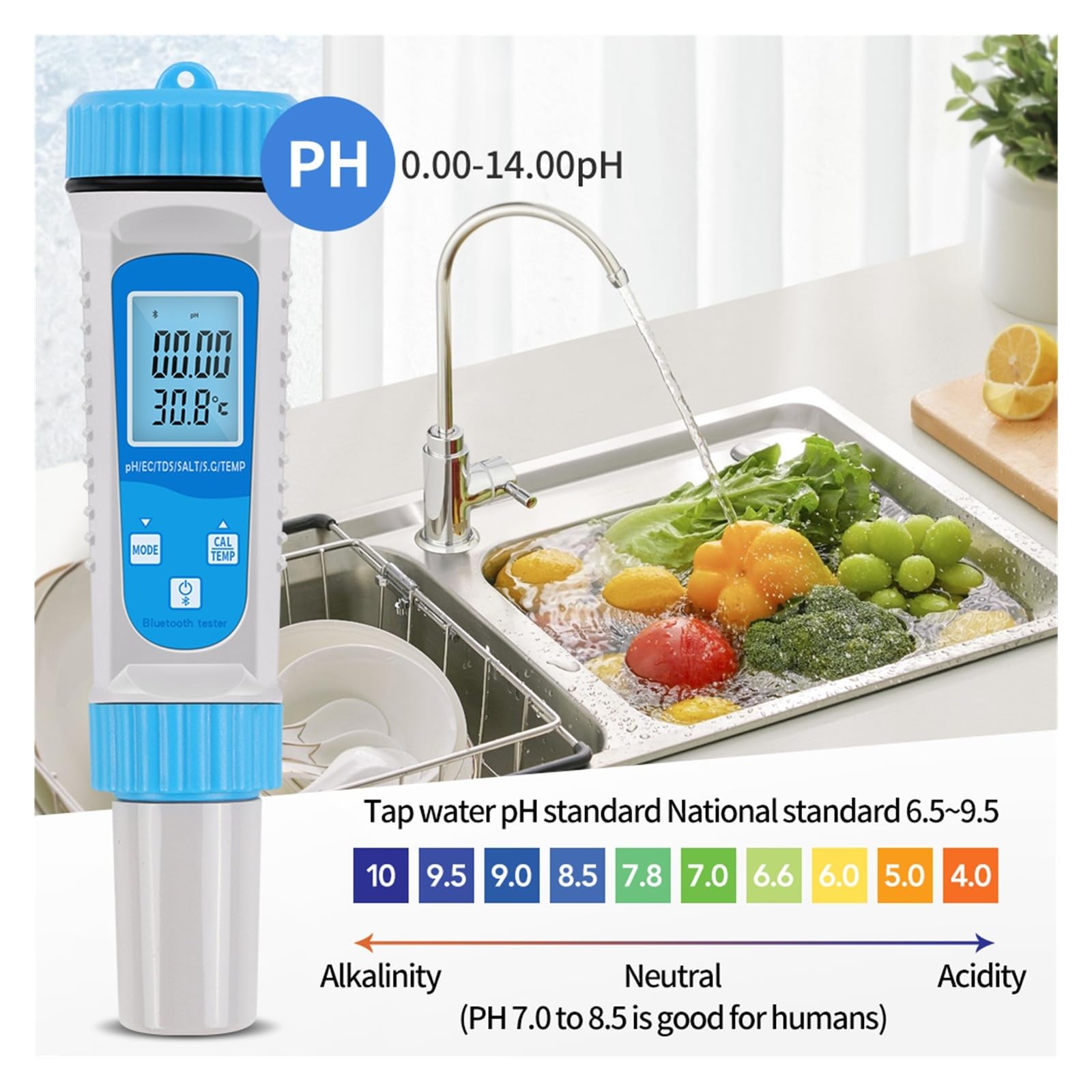 Probador de agua inteligente con Bluetooth, multifunción 6 en 1, medidor de pH/EC/TDS/salinidad/SG/temperatura, detector de agua