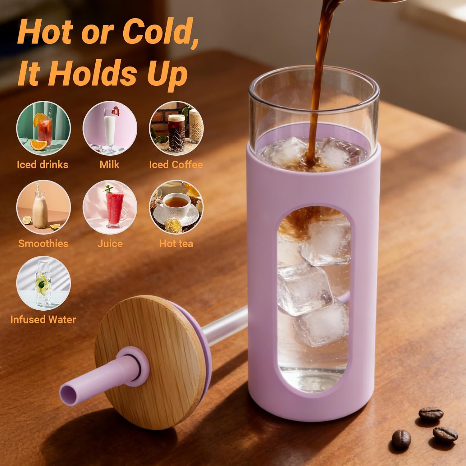 Tronco 26 oz Glass Tumbler with Lid & Straw, Reusable Iced Coffee Cups and Smoothie Cup with Bamboo Lid for Boba Tea, Coffee, Juice, BPA-Free Borosilicate Glass Cup for Home, Office & Gifts – 2 Pack