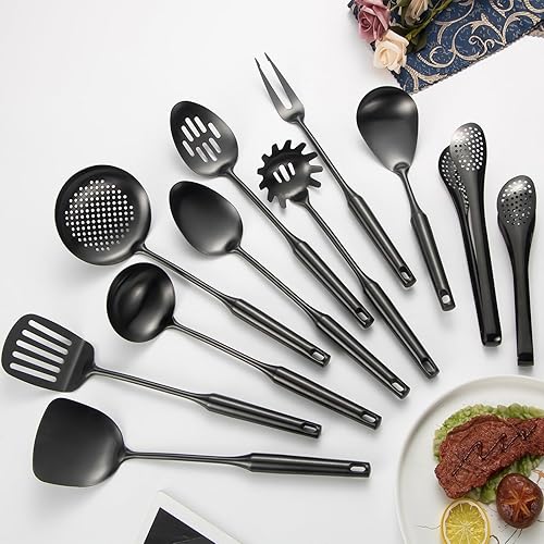 Miniatura 7 de Juego de utensilios de cocina de acero inoxidable 304 mate, 11 piezas de utensilios de cocina de metal largo con espátula, cucharón, cucharón,