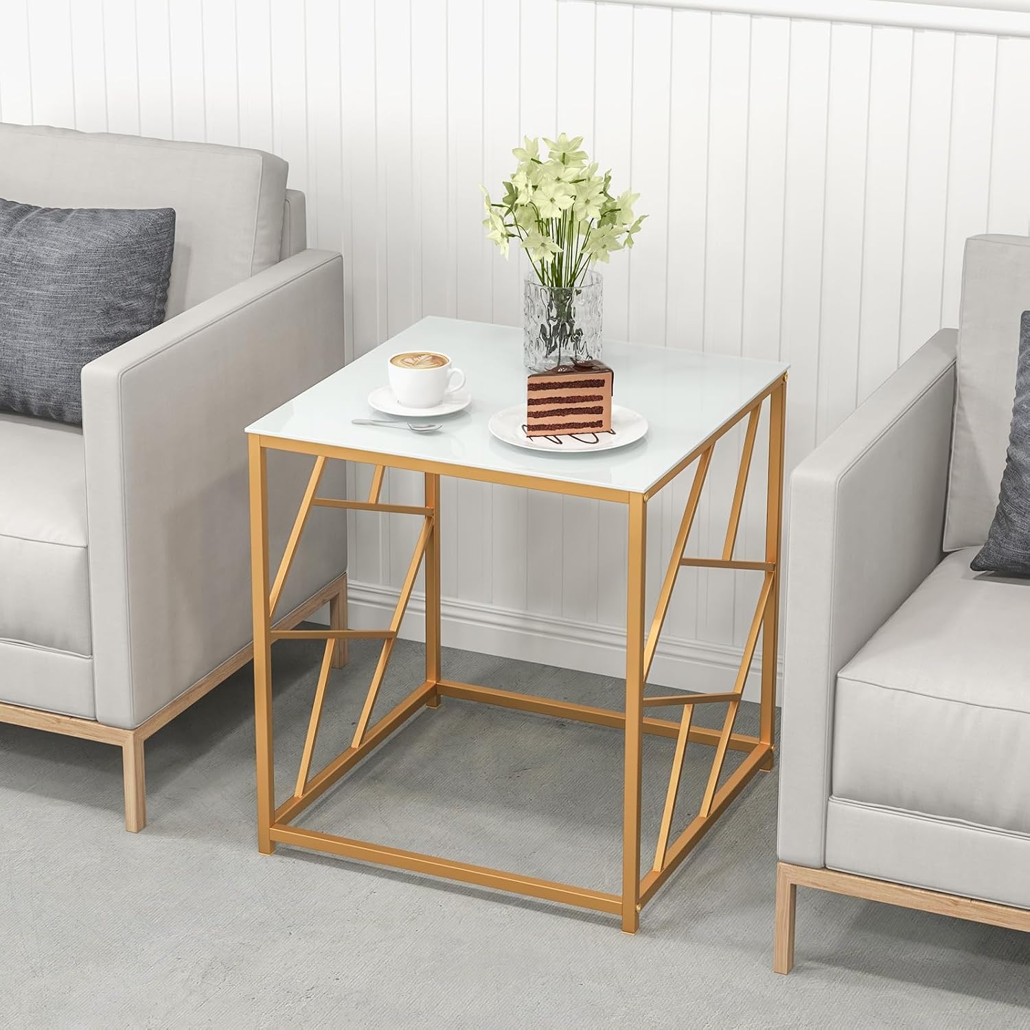 GOFLAME Side Table with Tempered Glass Top, 19.5” Small Coffee Table with Golden Metal Frame, Square End Table, Compact Bedside Sofa Side Accent Table for Living Room, Bedroom, Small Space