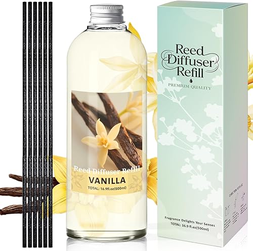 STRN Reed Diffuser Refill, Vanilla Scent Diffuser 500ml | 16.9 oz with 6 Reed Sticks, Room Fresheners for Home, Long-Lasting Fragrance for Living Room, Bedroom, Office, Home Décor