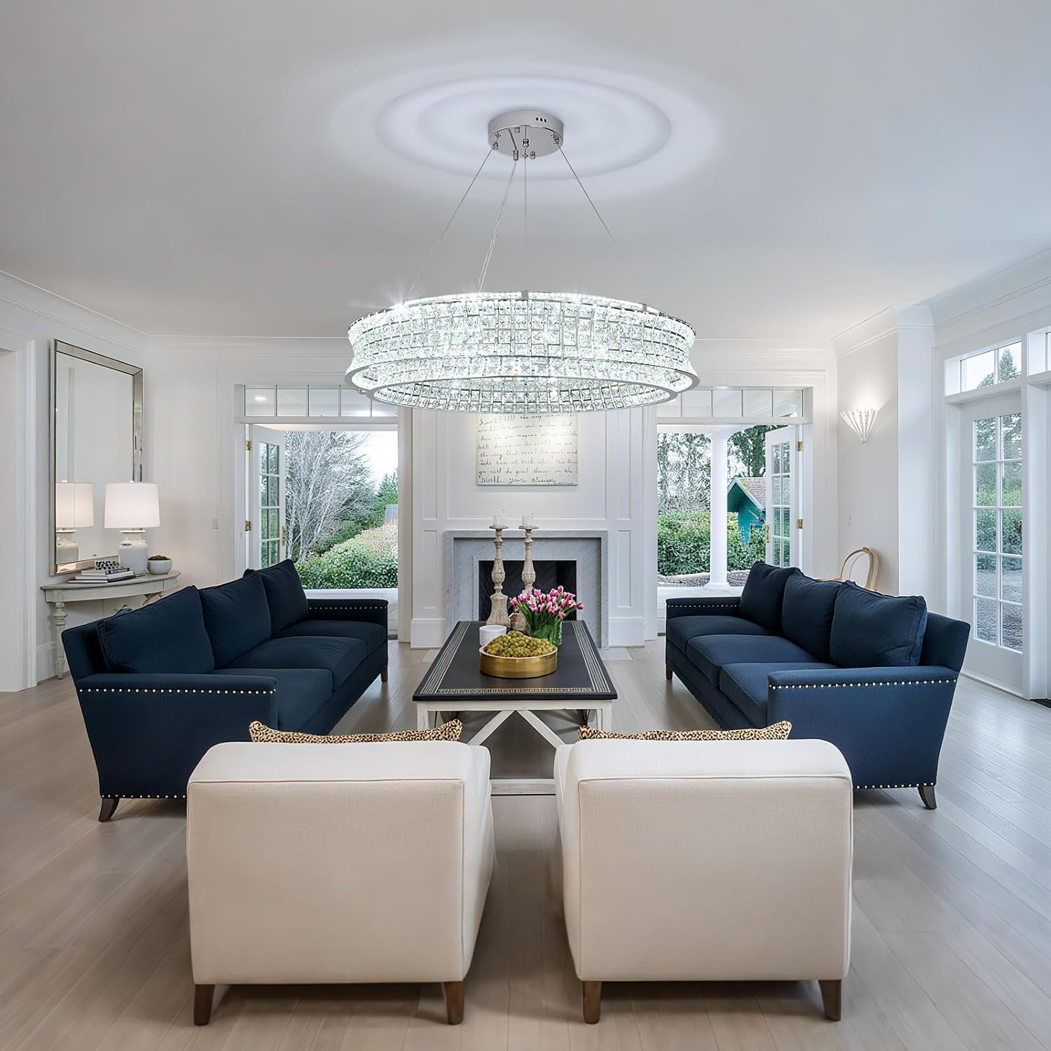 Modern Crystal Chandelier for Living Room, LED Chrome Pendant Lights, Round Crystal Hanging Lamp for Dining Room, Bedroom, Restaurant, Kitchen Island, Φ32 inch
