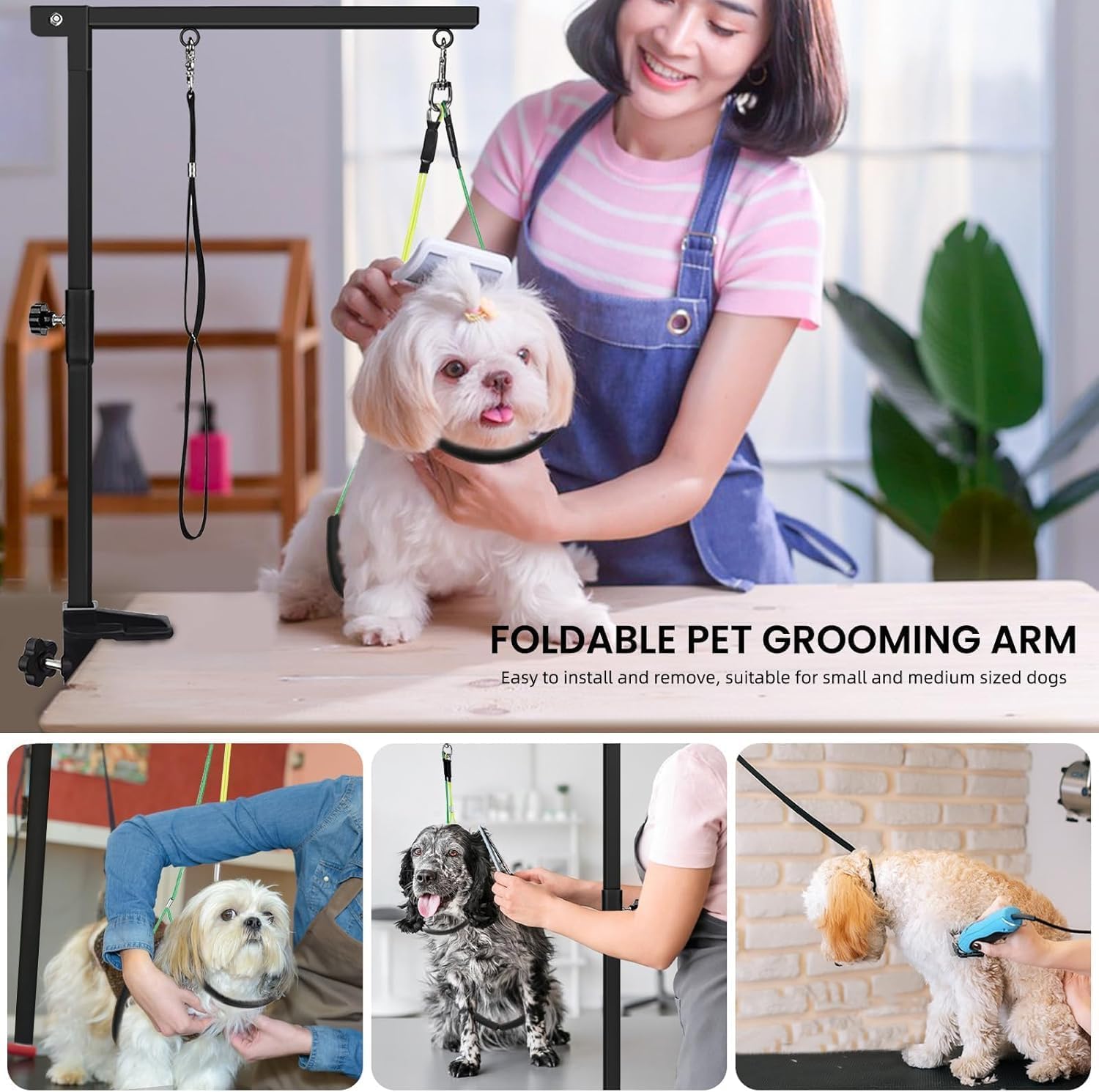 Braccio Pieghevole per la Toelettatura, Con Morsetto, Cappio per la Toelettatura del Cane e Due Supporti Senza Sedersi,Regolabile in Altezza per Cani Grandi e Piccoli