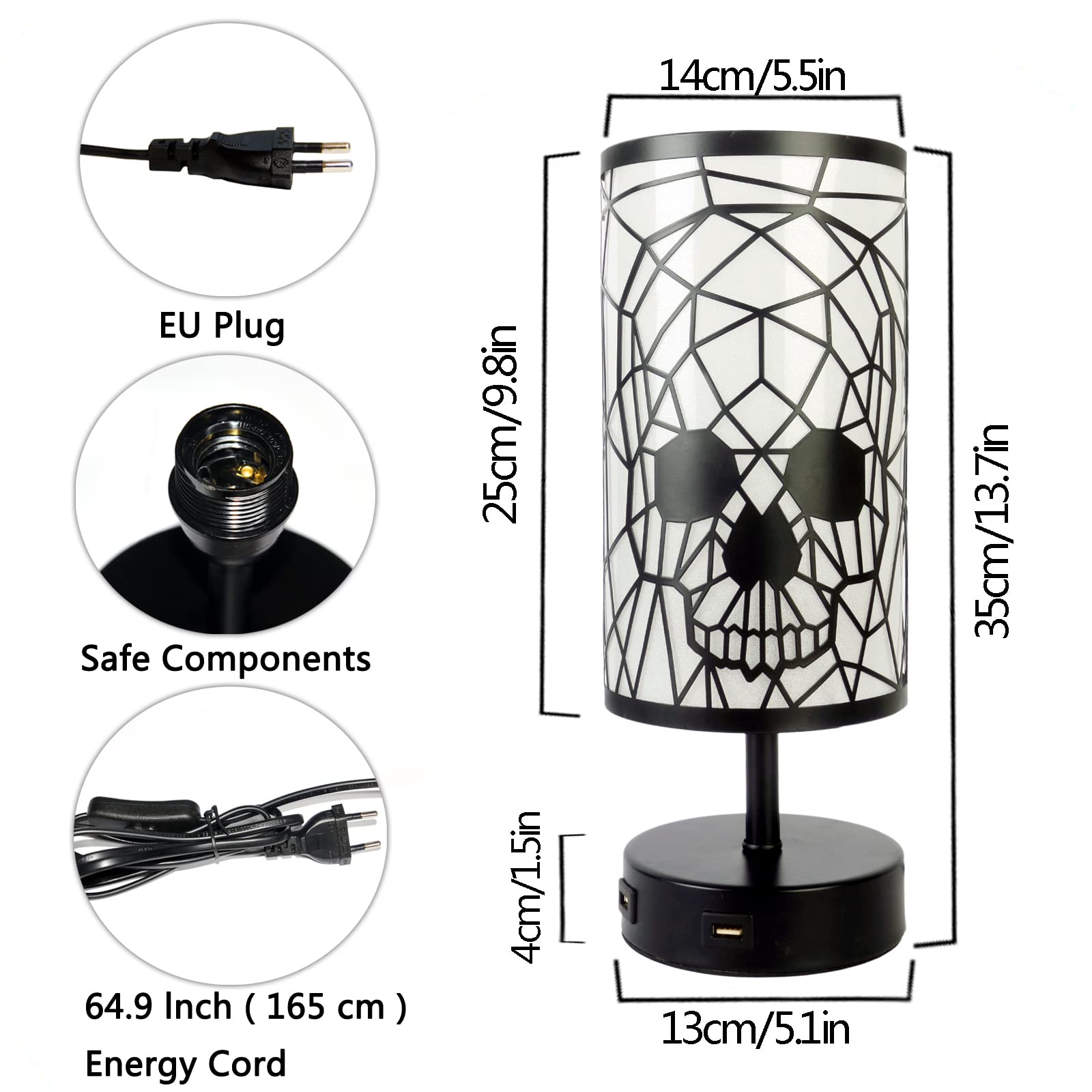 Lampada da Comodino Touch Dimmerabile con 2 Porte di Ricarica USB, 3 Livelli di Luminosità, Paralume a Teschio in Metallo, Design Industriale Retrò, Vintage E27 Lampada da Tavolo per Camera da Letto