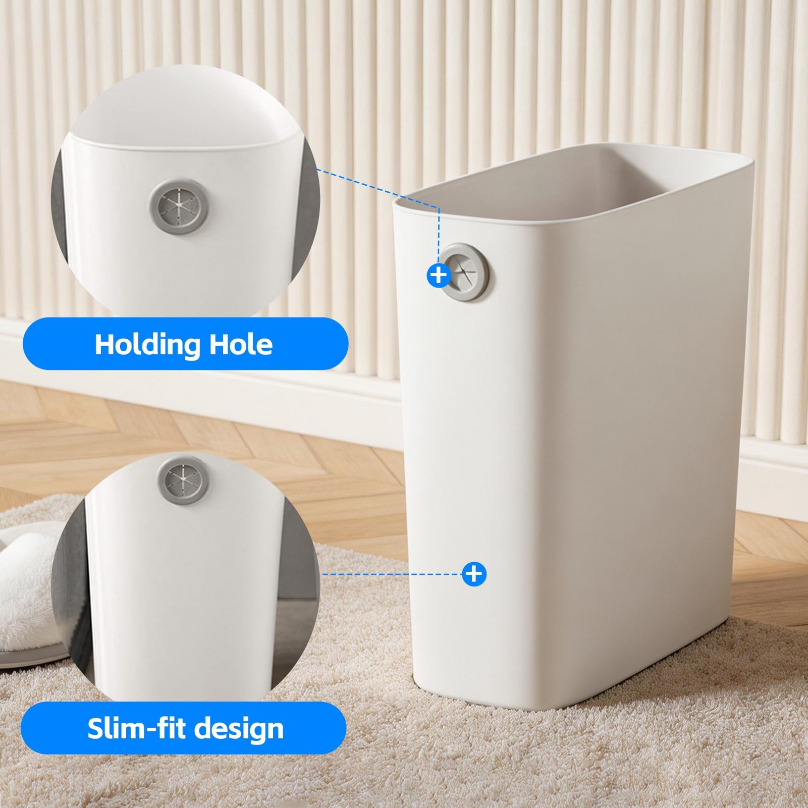 Cestino della spazzatura rettangolare in plastica ultra sottile, piccolo, per il bagno, con coperchio aperto, per ufficio, camera da letto, cucina, adatto per spazi ristretti (Bianco)