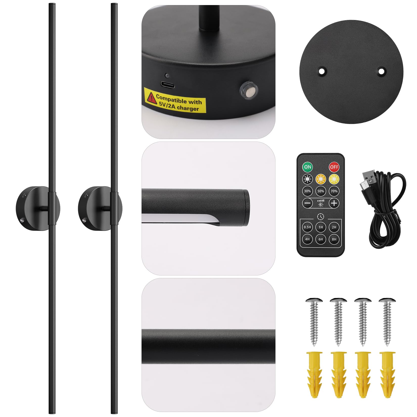 Klighten 2 Stück 6W LED Akku Kabellose Wandlampe Dimmbar und Timer Funktion, 100m Schwarz Wandleuchte Wiederaufladba mit Fernsteuerung, für Schlafzimmer Wohnzimmer Treppenhaus, 3000K/4000K/6000K