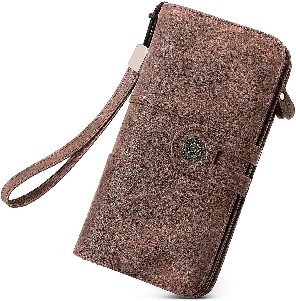 CLUCI Women Wallet Large Leather Designer Card Holder Organizer Long Ladies Travel Clutch Wristlet Coffee
