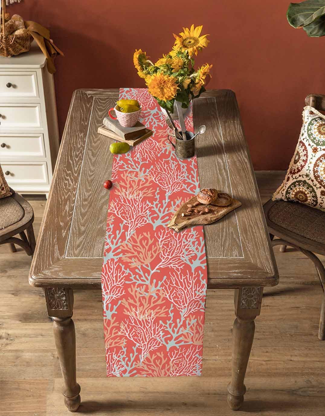 Orange Red Coral Coastal Table Runner - 72 Inch Long Ocean Nautical Seaside Beach Cotton and Linen Blended Dress Scarves Farmhouse Table Runner for Kitchen Dining, Coffee Table, 18" x 72"