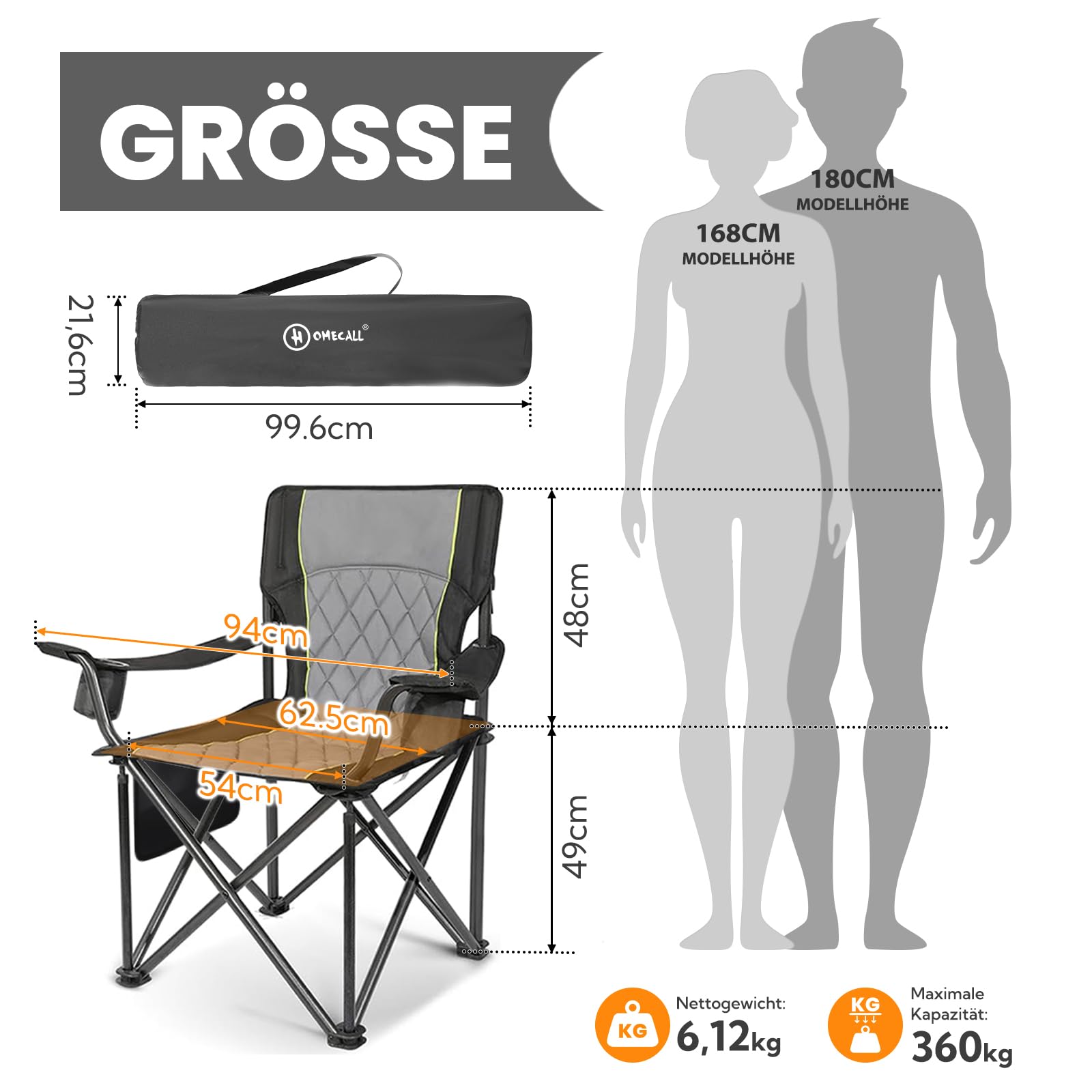 Homecall Campingstuhle Faltbar Bis 360 KG Ultragroß Caming Stuhl mit hoher Rückenlehne, Komplett Gepolstert, Robust und Zuverlässig klappstuhl Camping für Outdoor, Balkon, Garten, Angeln, XXL