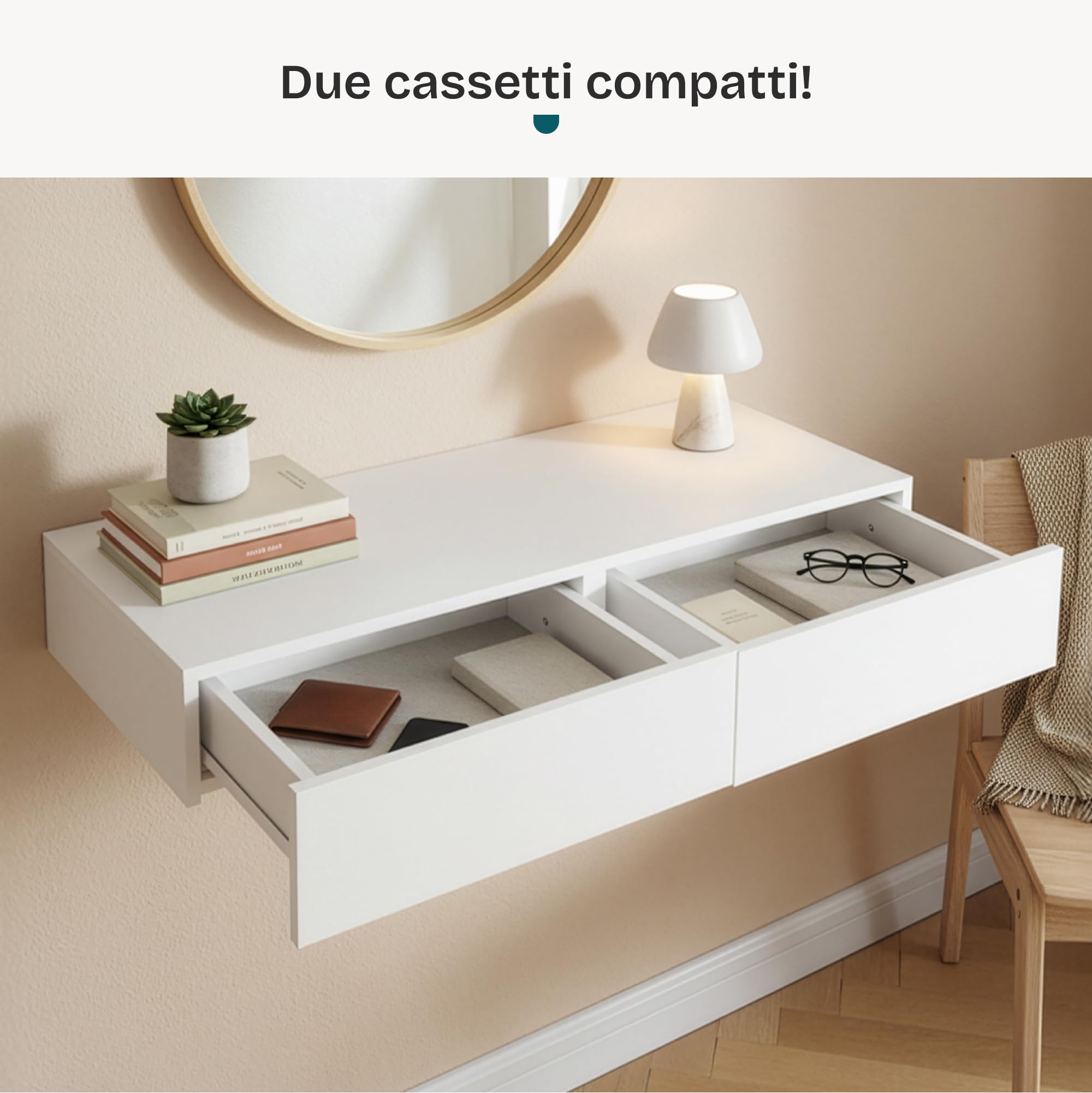 [en.casa] Mensola con 2 Cassetti Affiancati Consolle da Parete con Doppio Cassetto Mensola da Muro Comodino Sospeso 80 x 35 x 12 cm - Bianco