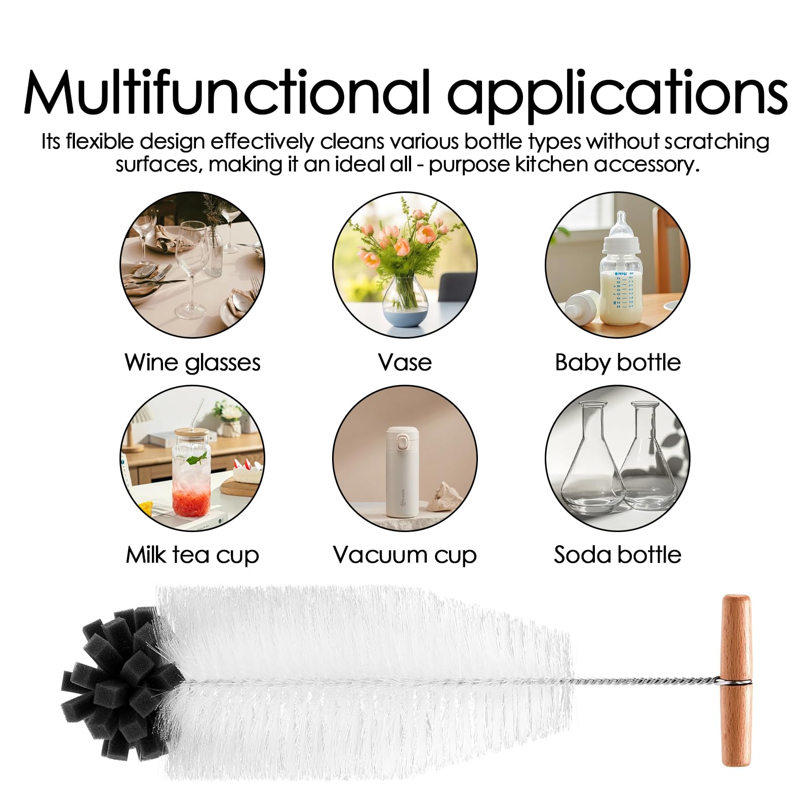 Cepillo para botellas, 35 cm, cepillo para botella compatible con SodaStream, limpieza profunda vidrio/biberón, escoba angular antiarañazos con mango de madera, cepillo denso para suciedad obstinada