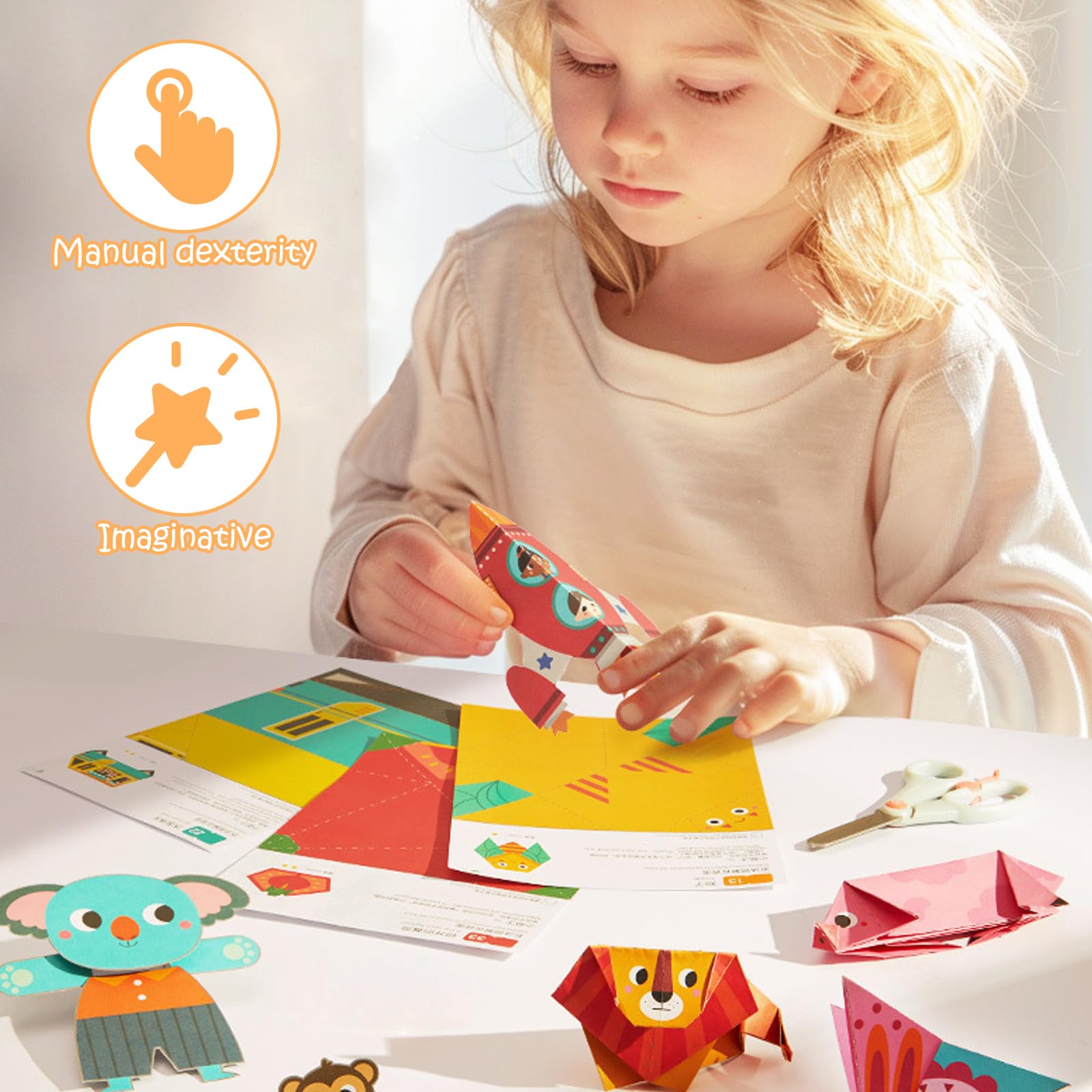 Zestaw do cięcia papieru dla dzieci, 50 arkuszy papieru, zabawny zestaw do cięcia papieru, zabawka edukacyjna DIY, zabawka edukacyjna od 5 lat, zabawka edukacyjna, naklejka + certyfikat (zaawansowany)