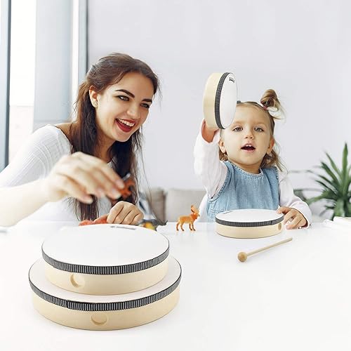 Miniatura 6 de MUSICUBE Tambor de mano de 10 pulgadas para adultos y niños, tambor de mano de madera natural, instrumento educativo de percusión de mano, juguetes