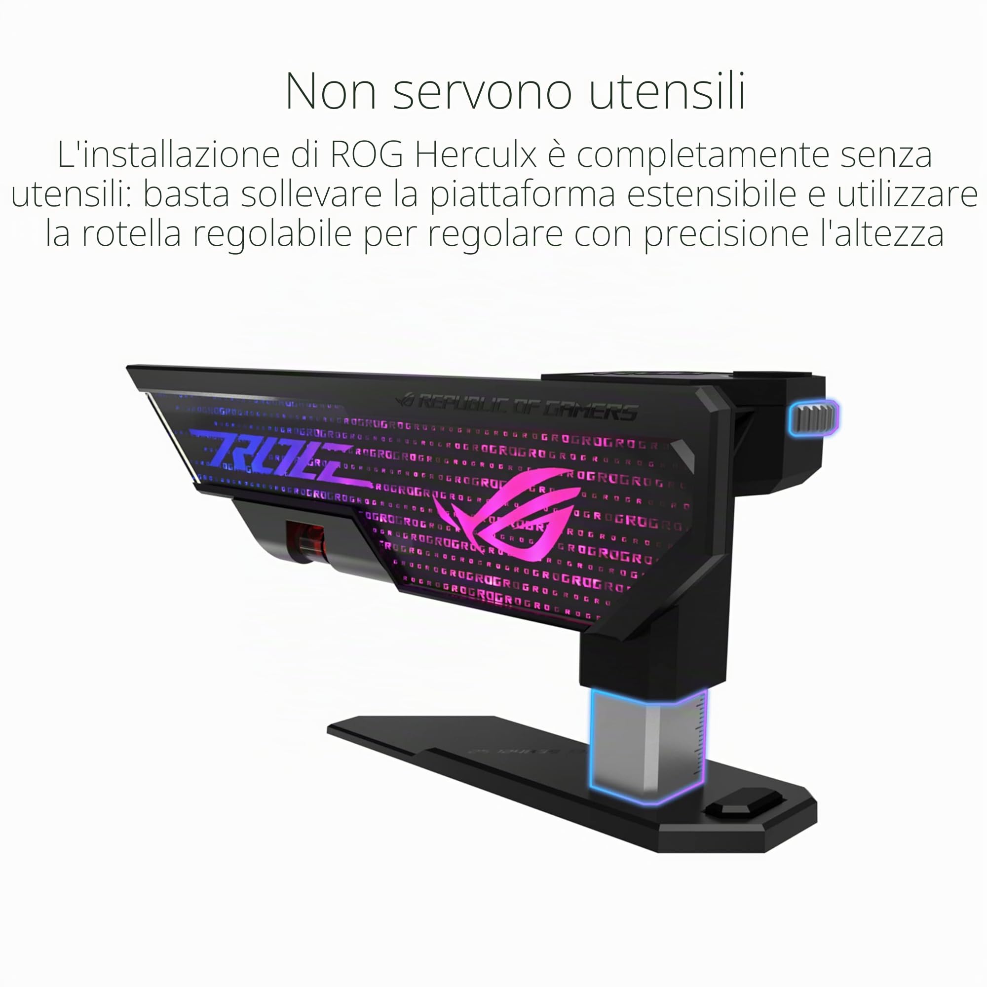 ASUS ROG Herculx Sostegno Per Scheda Grafica, Montaggio Senza Attrezzi, Comoda Livella Integrata, Struttura in Lega Di Zinco, Altezza Regolabile da 72 a 128mm, Aura Sync, Nero