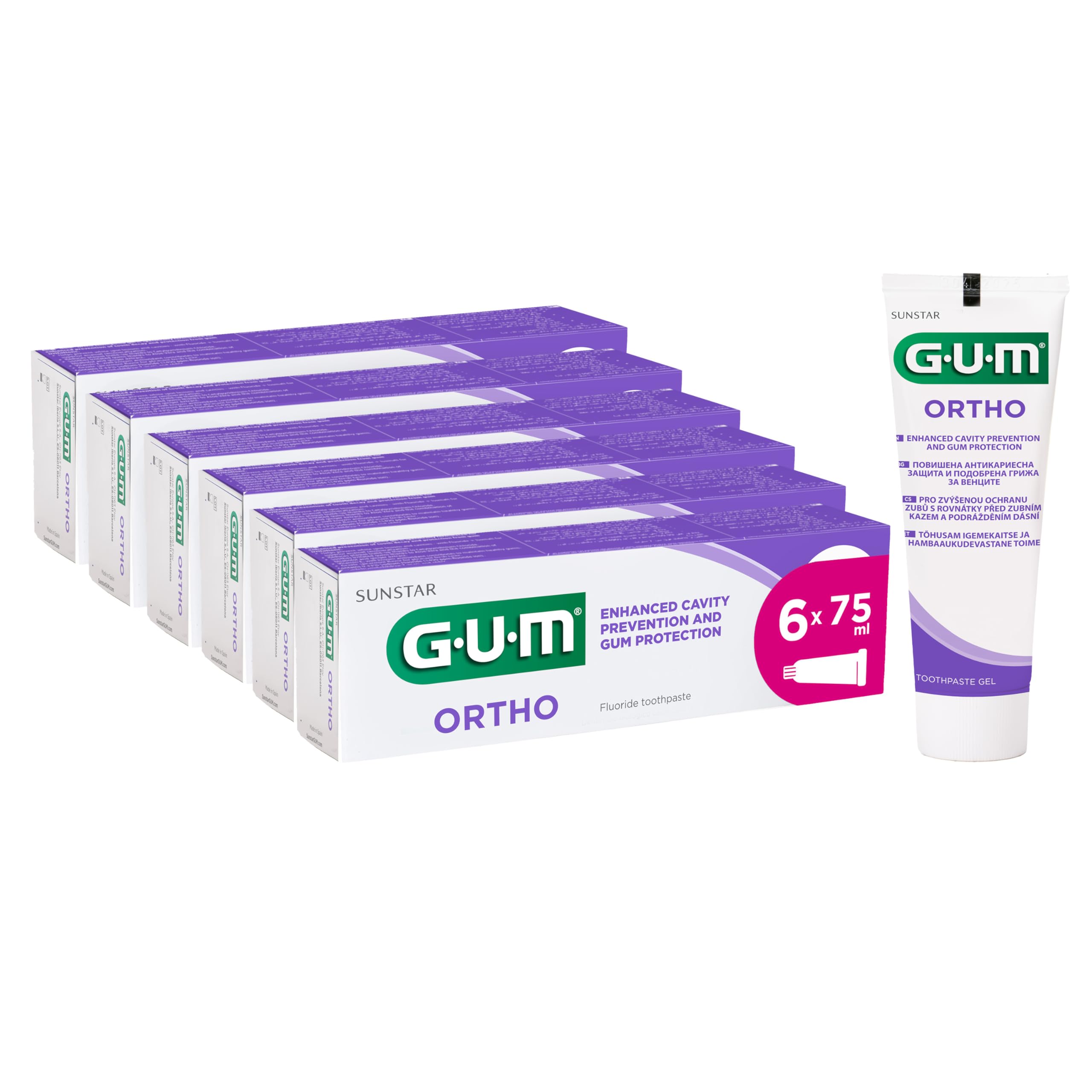 GUM ORTHO Tooth Gel, Especially for Braces Wearers, Reduces Plaque Formation, Strengthens Enamel, Peppermint Flavour, 6 x 75 ml