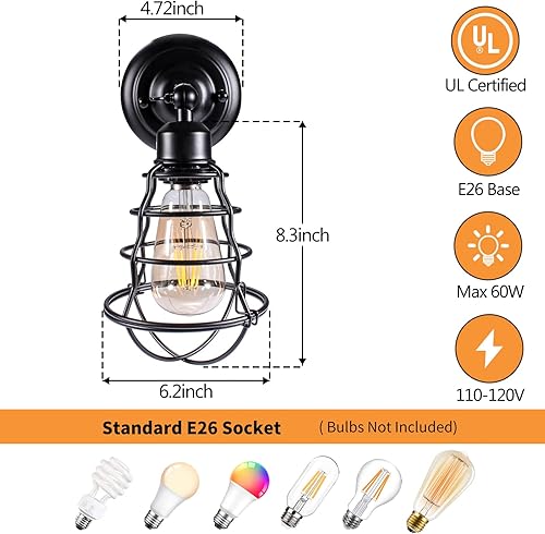 Miniatura 2 de Asnxcju Juego de dos apliques de pared industriales, apliques de pared de granja, aplique de pared de jaula de alambre vintage, lámpara de pared