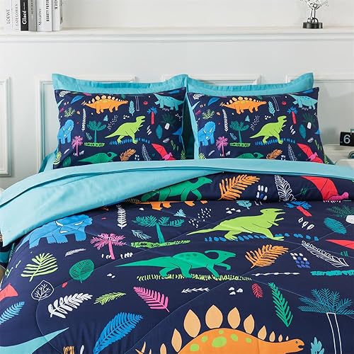 Miniatura 2 de qjmiaofang Ropa de cama de dinosaurio tamaño matrimonial para niños, 7 piezas, juego de edredón de dinosaurio de la selva para niños, adolescentes,