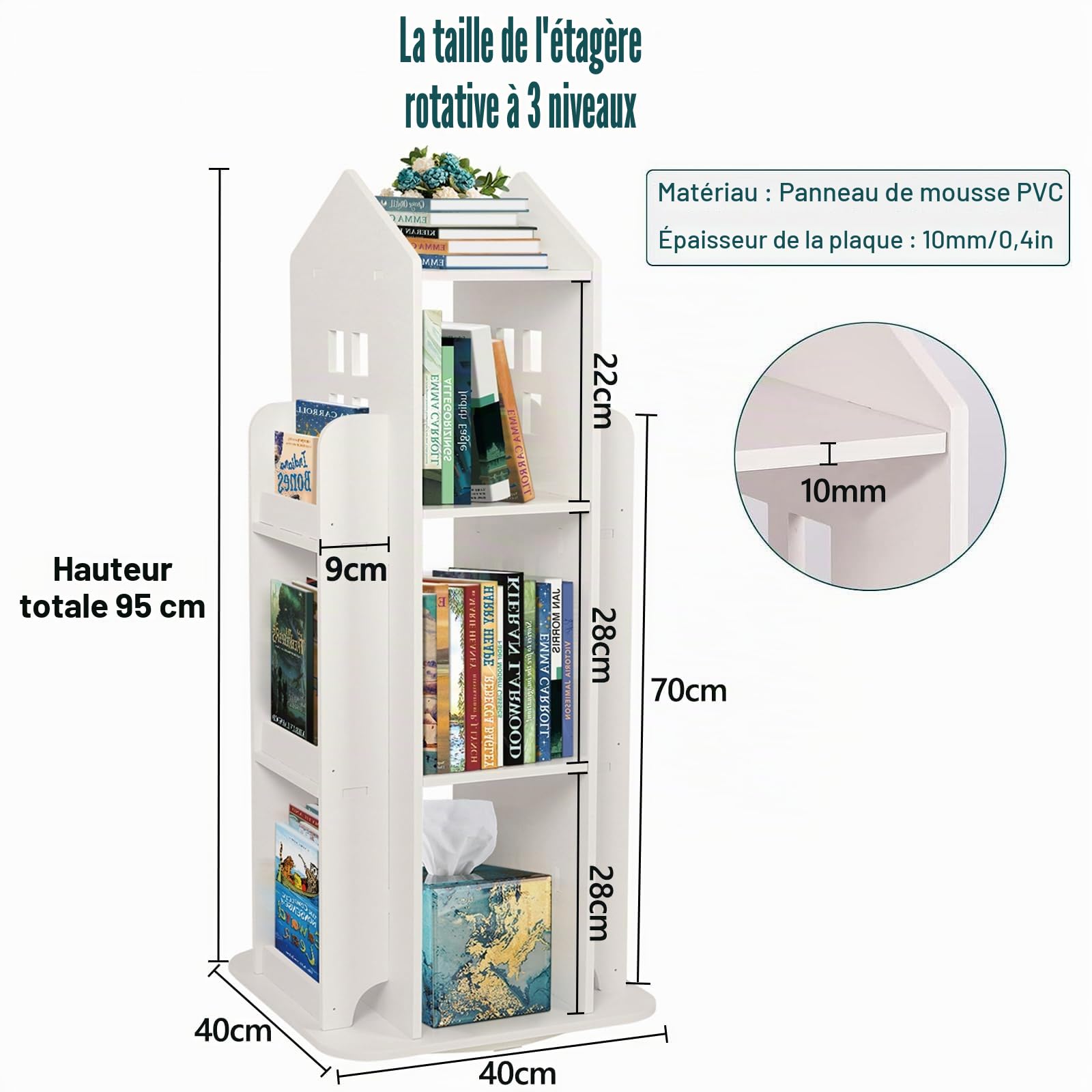 uyoyous Bibliothèque pivotante à 3 niveaux - Blanc | Étagère à livres rotative pour chambre à coucher, salon, bureau, 40 x 40 x 95 cm