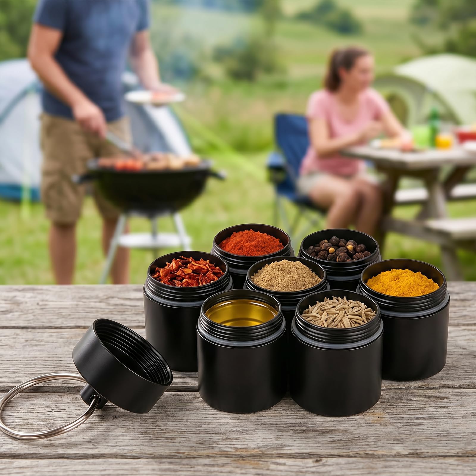 Lwezgi 7-in-1 Gewürzstreuer Camping Set, Mini Gewürzstreuer Wasserdicht und Leicht, Tragbares Aluminium Spice Jars für Outdoor Picknicks, Grillabende und Reisen, Camping Gewürze Zubehör (Schwarz) Küche, Haushalt & Wohnen