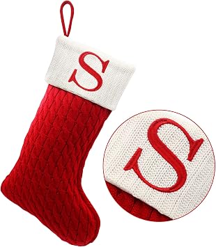 ZOEA 20 Inches Christmas Stockings with Initials, Large Embroidered Letter Knit Christmas Stocking for Family Holiday Decorations and Xmas Gift S, Red