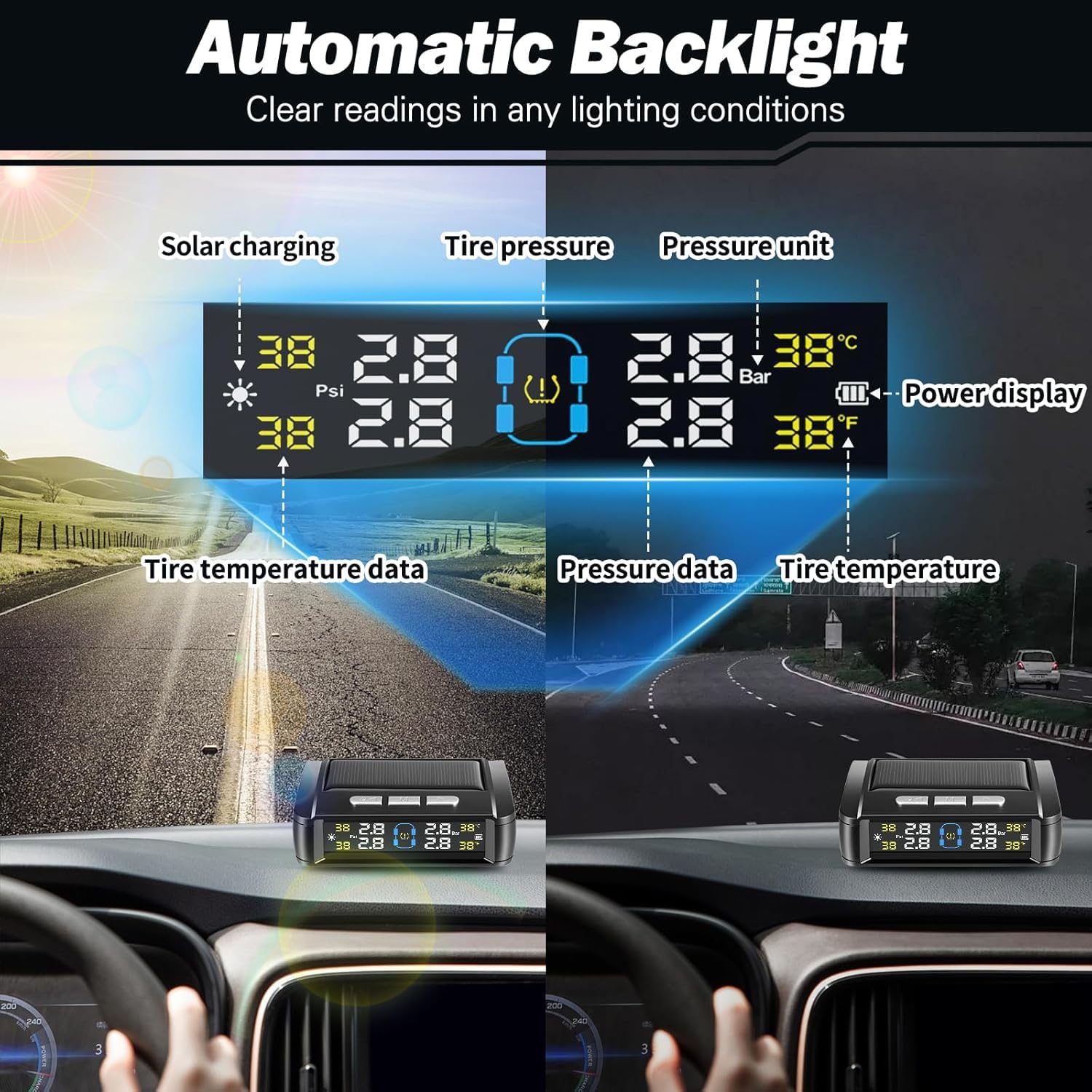 TPMS - Sistema di controllo della pressione degli pneumatici, 4 x sensore di pressione degli pneumatici, senza fili, a energia solare, USB, con display LCD, gamma di pressione: 0-6 bar, per