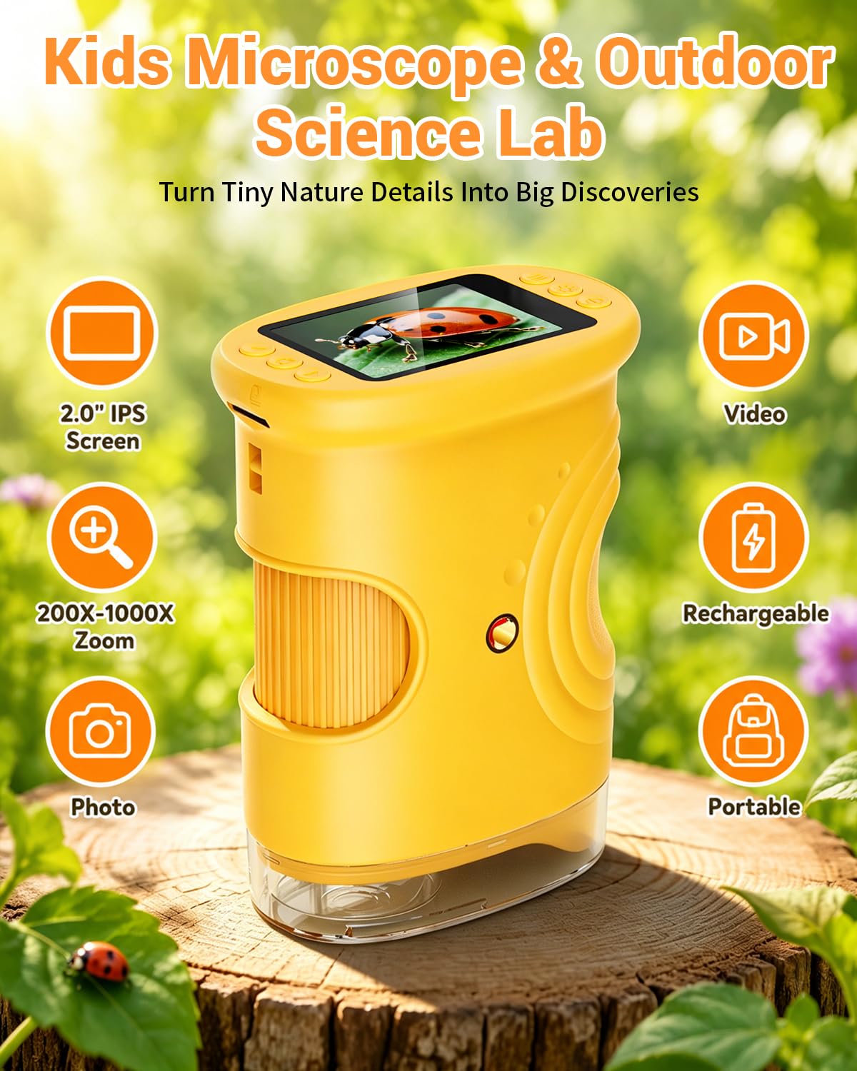Microscopio de Mano 200X para niños, Pantalla de 2", Recargable, 8 Luces LED Ajustables, Mini microscopios Digitales de Bolsillo, Regalo Educativo para 4 a 12 Años - Naranja